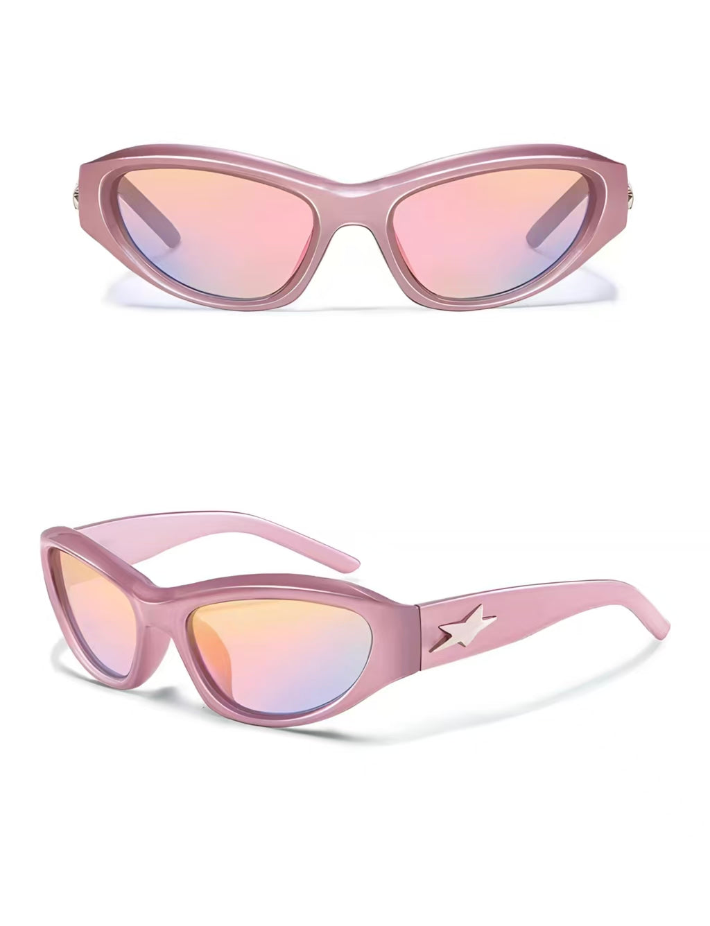 Dusty Pink full-rim narrow wraparound polycarbonate sunglasses, front and three-quarter views