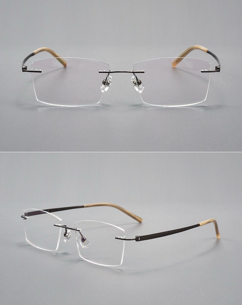 Coffee Brown men's titanium rimless rectangular glasses in front and 45-degree product views