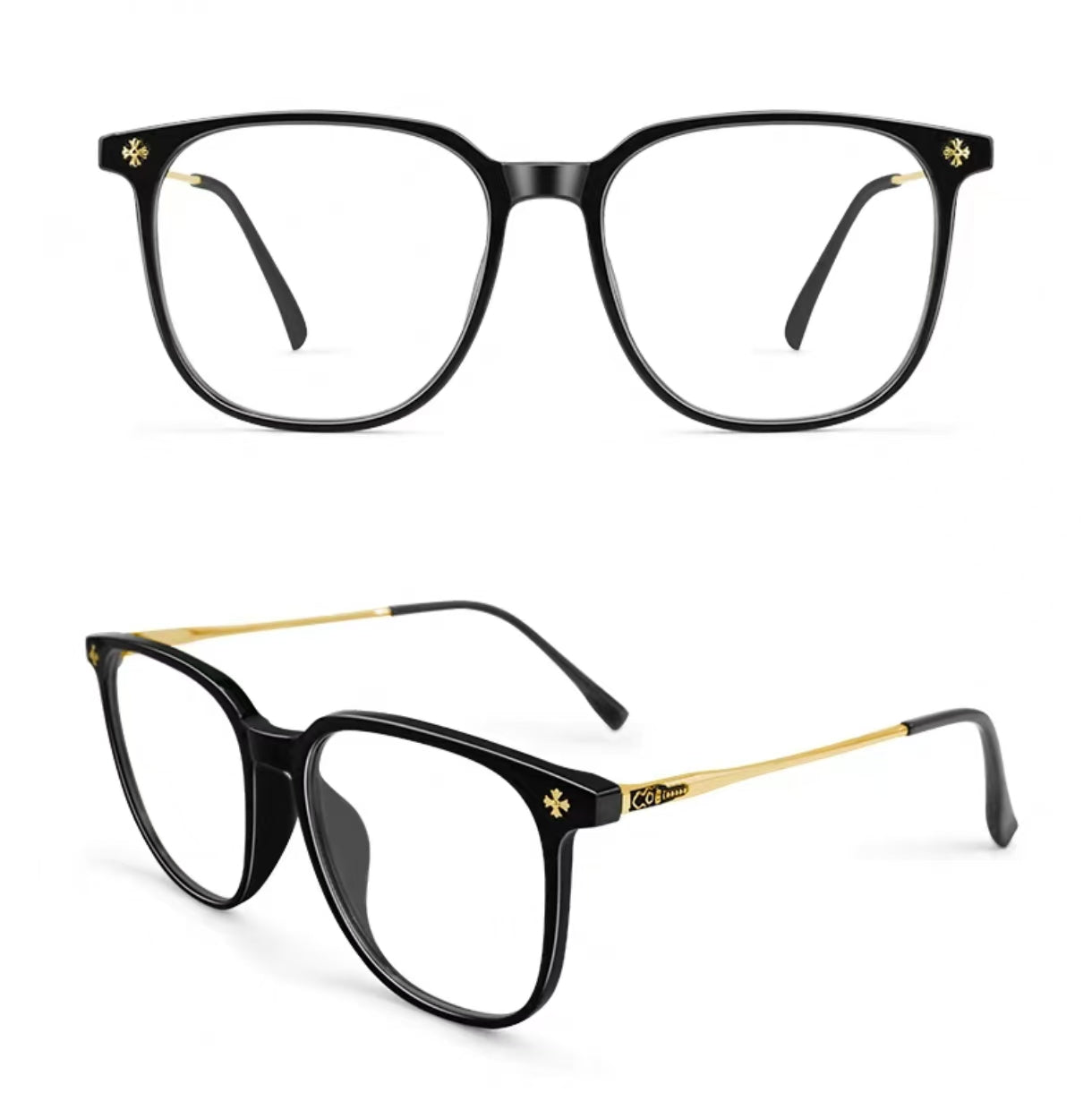 Black & Gold oversized square full-rim eyeglass frame, front and three-quarter product views