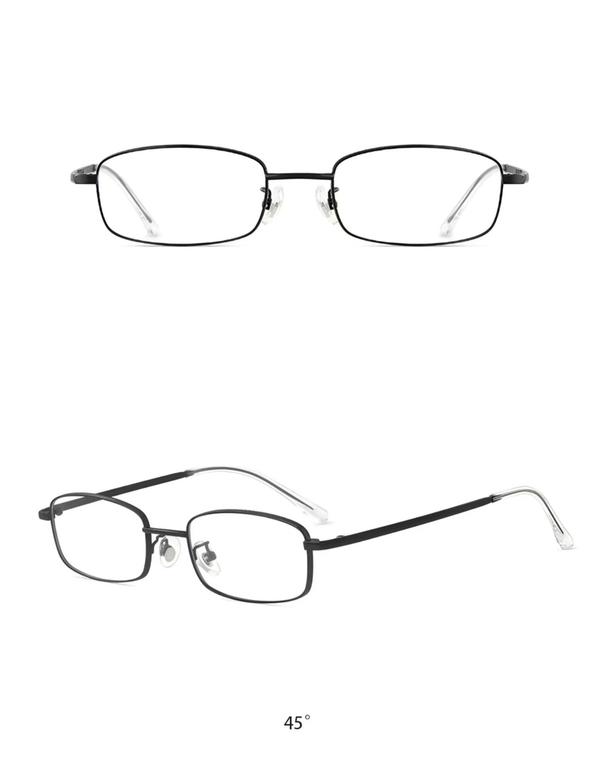 Black retro small-fit square full-rim glasses, original front and 45-degree views