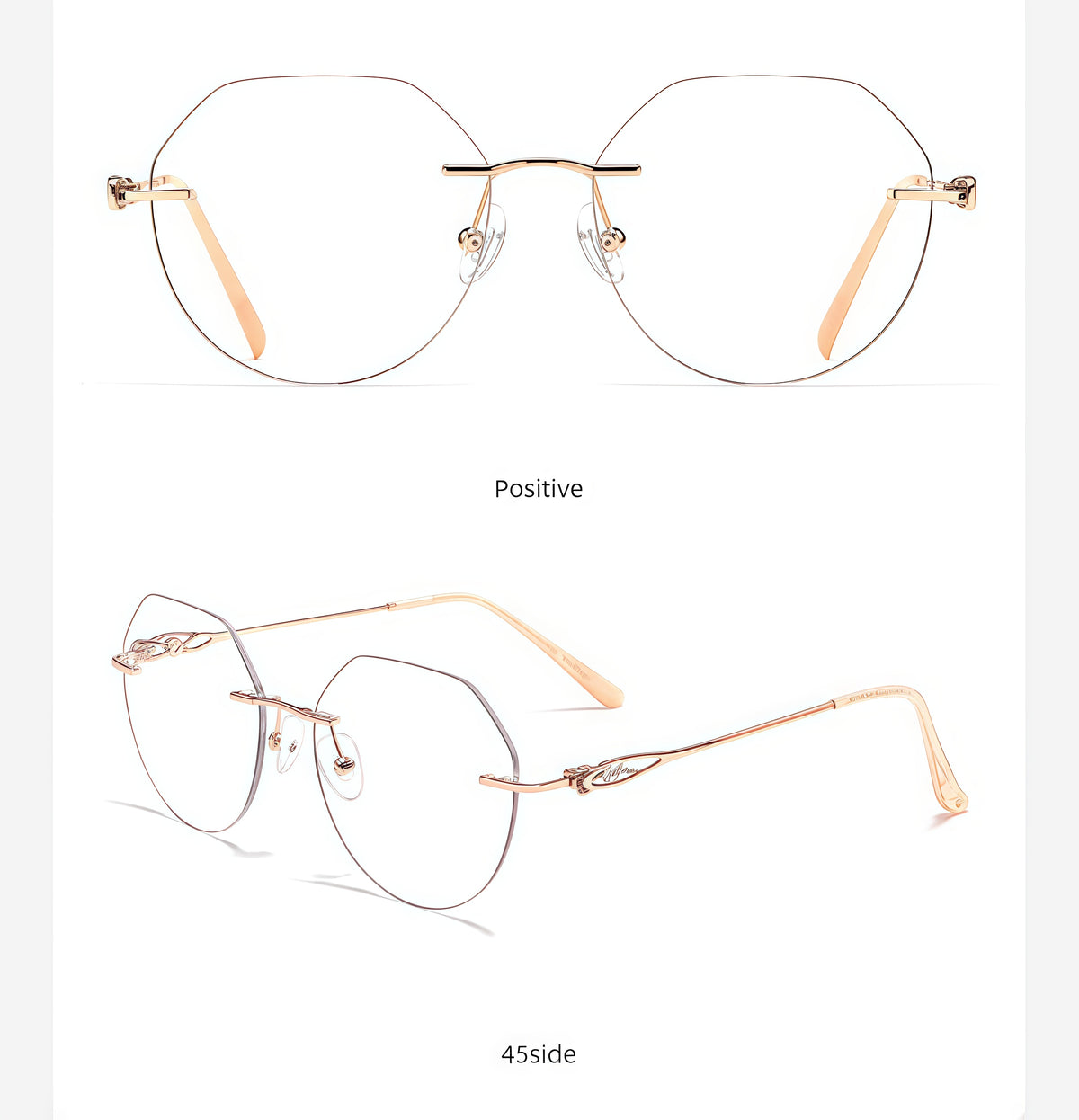 Rose Gold women's alloy rimless geometric filigree-temple glasses, front and 45-degree composite