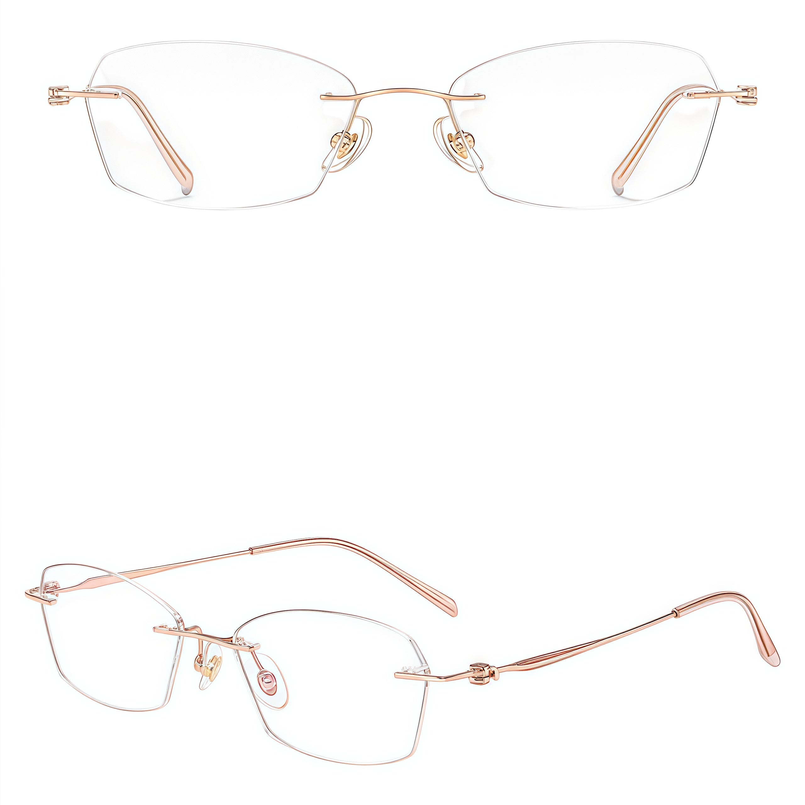 Rose Gold women's pure titanium rimless rectangular glasses in front and 45-degree product views