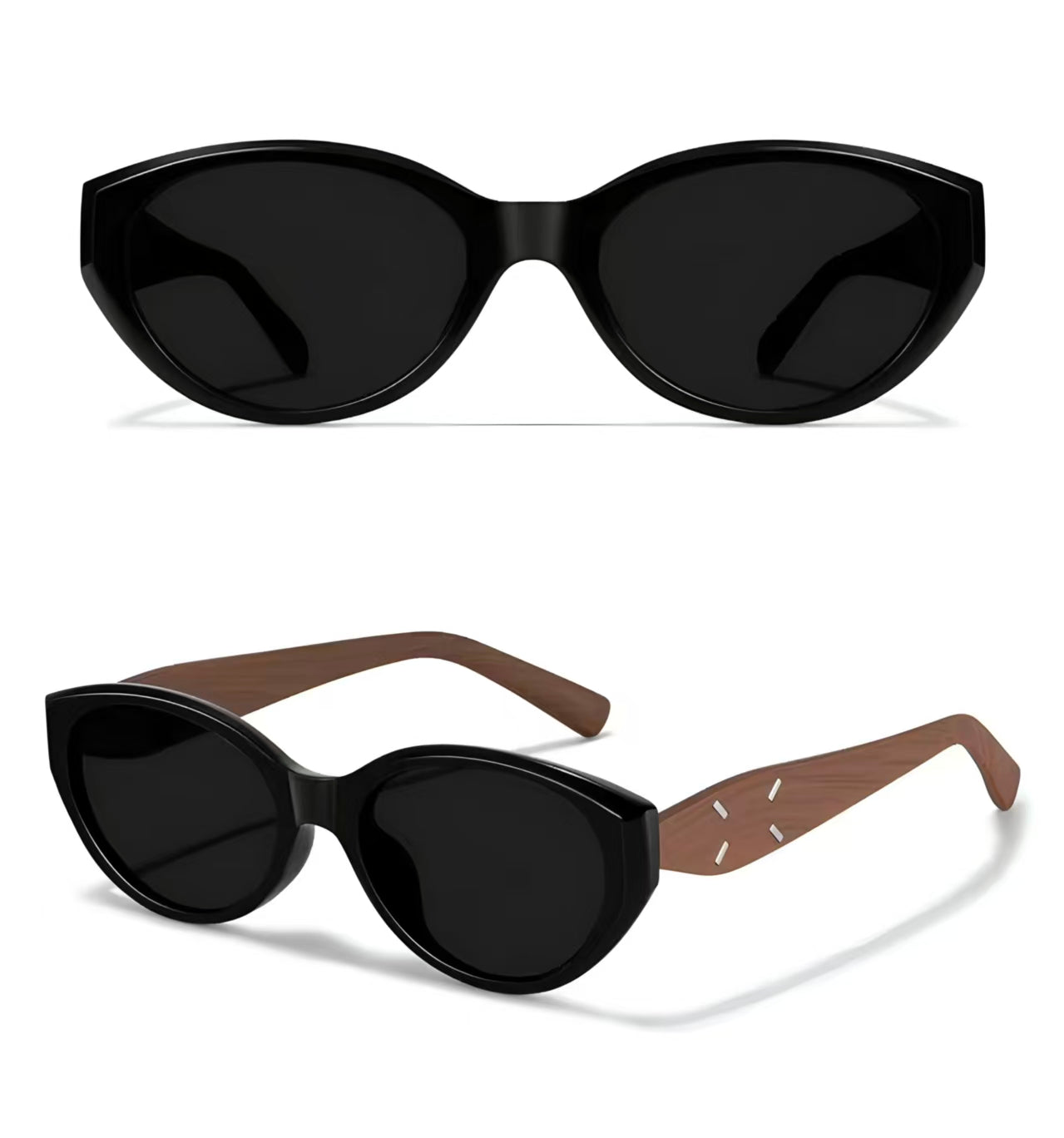 Women’s Black full-rim narrow oval sunglasses, front and three-quarter views