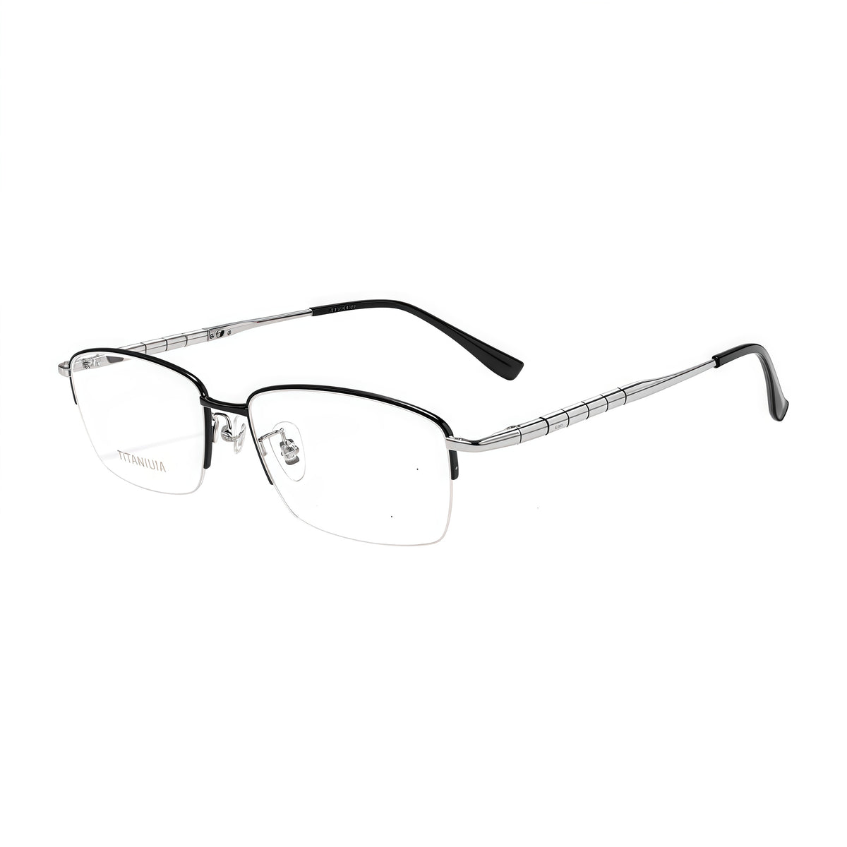 Black/Silver men's semi-titanium rectangular semi-rimless glasses, 45-degree product view