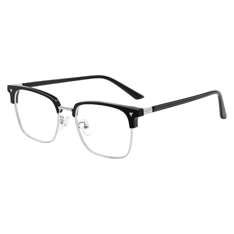 Black and Silver vintage samurai-inspired browline profile semi-rimless eyeglass frame, three-quarter product view