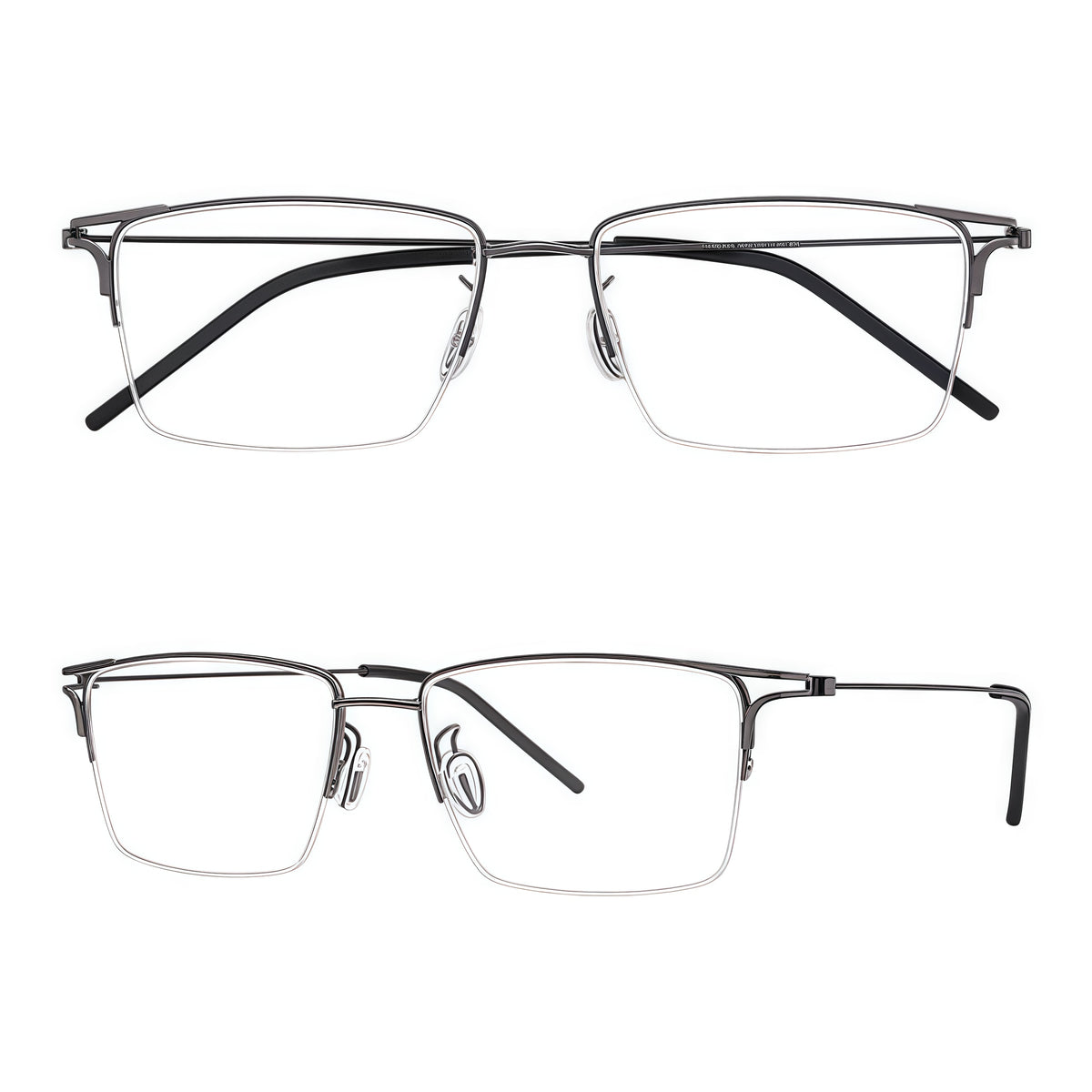 Gunmetal unisex titanium semi-rimless glasses, original combined front and 45-degree product views