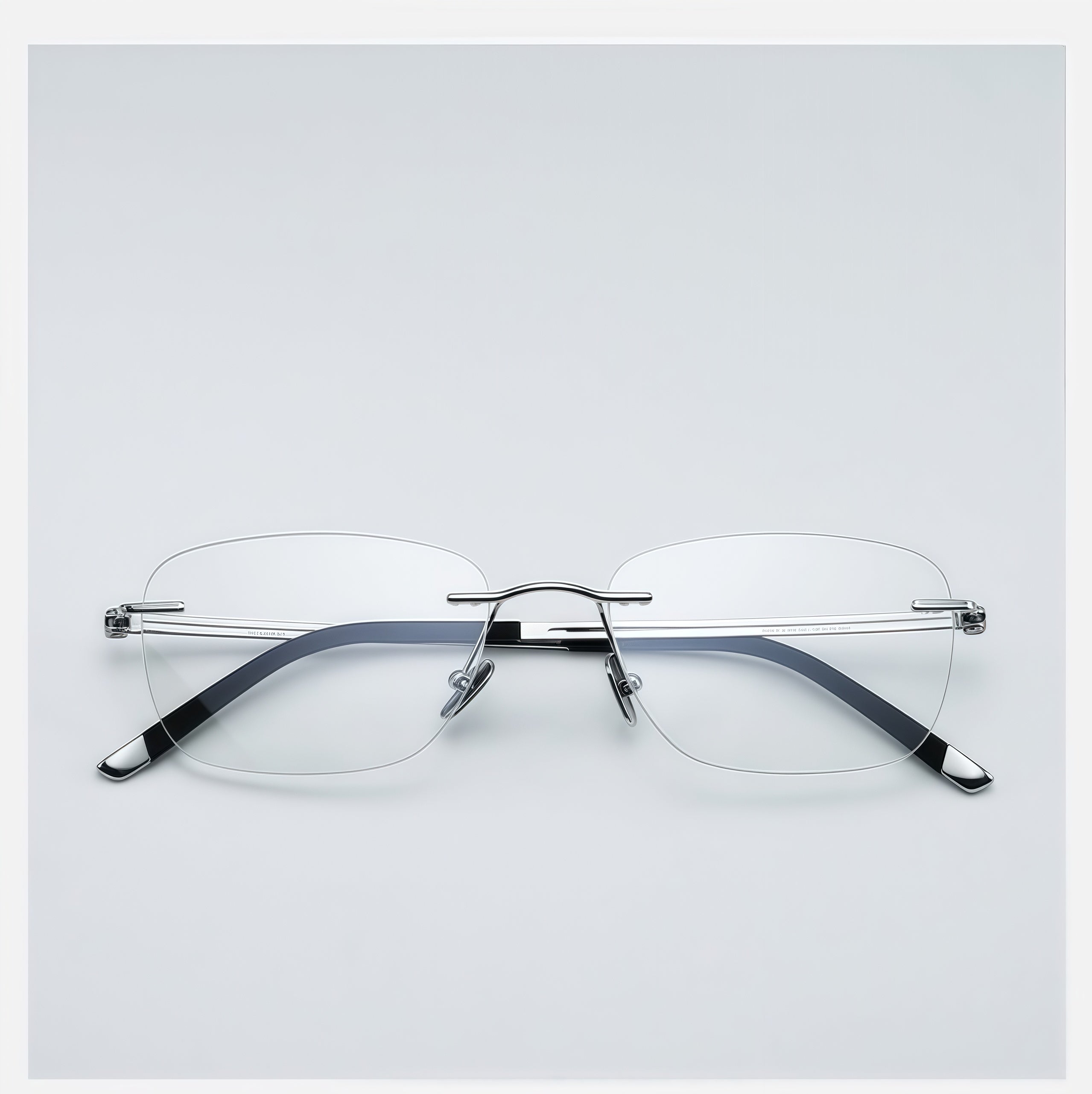 Silver men's pure titanium rimless rectangular glasses, front product view