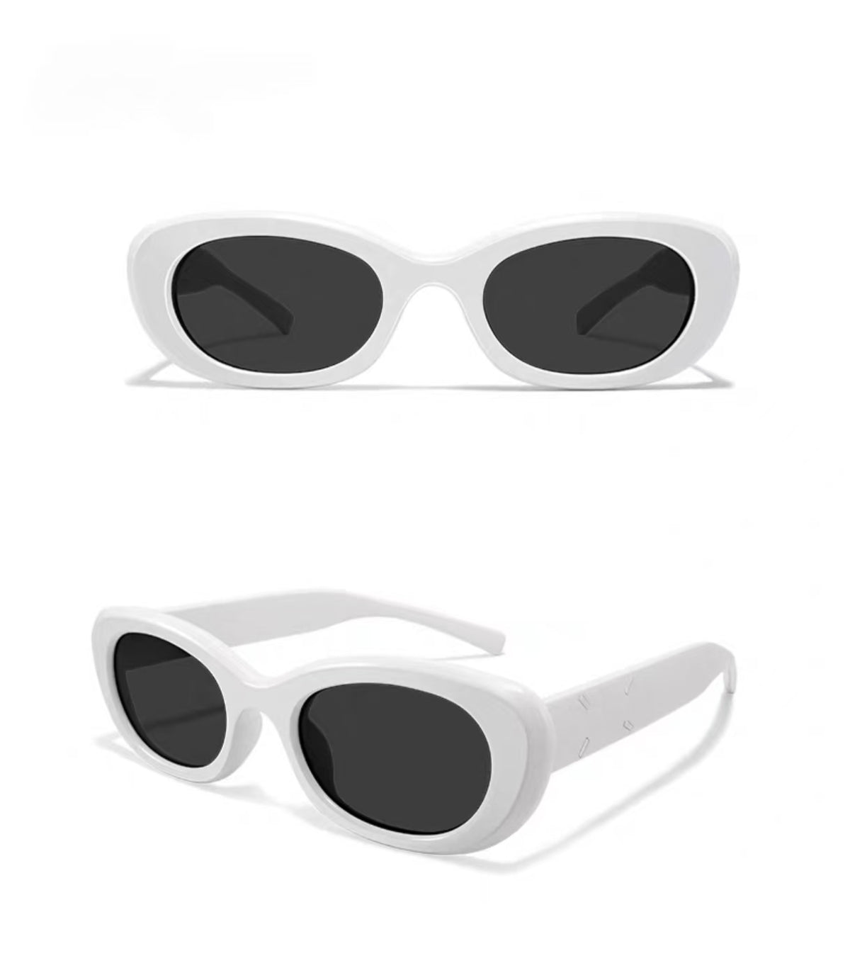 Women’s White full-rim slim oval sunglasses, front and three-quarter views