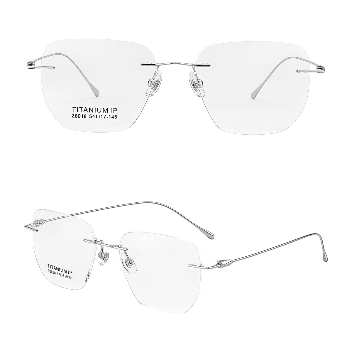 Silver unisex pure titanium geometric rimless eyeglass frames, product views