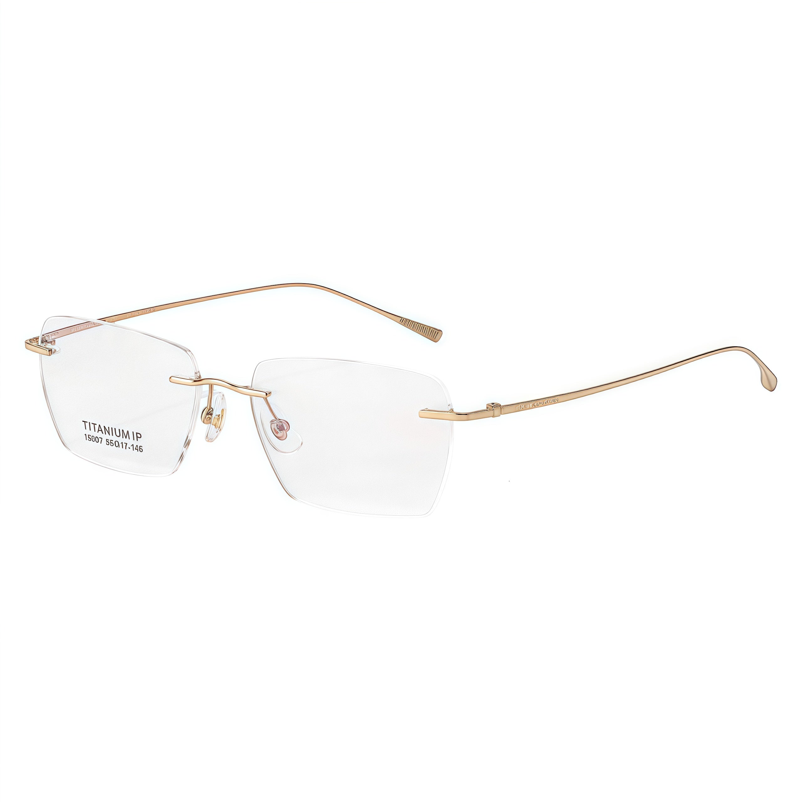 Gold pure titanium rimless eyeglasses in a 45-degree product view