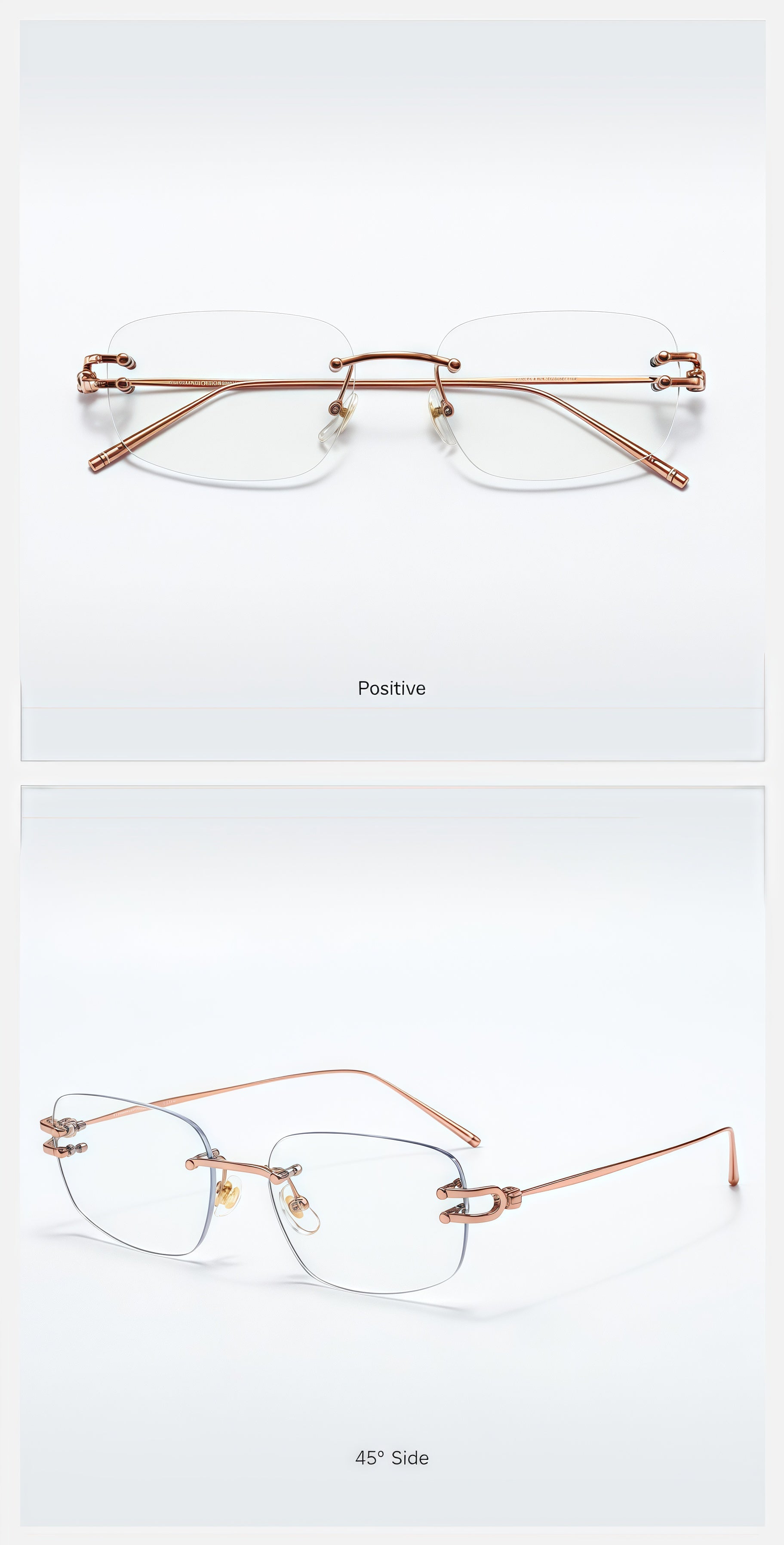 Rose Gold semi-titanium rectangular rimless glasses, original front and 45-degree product detail