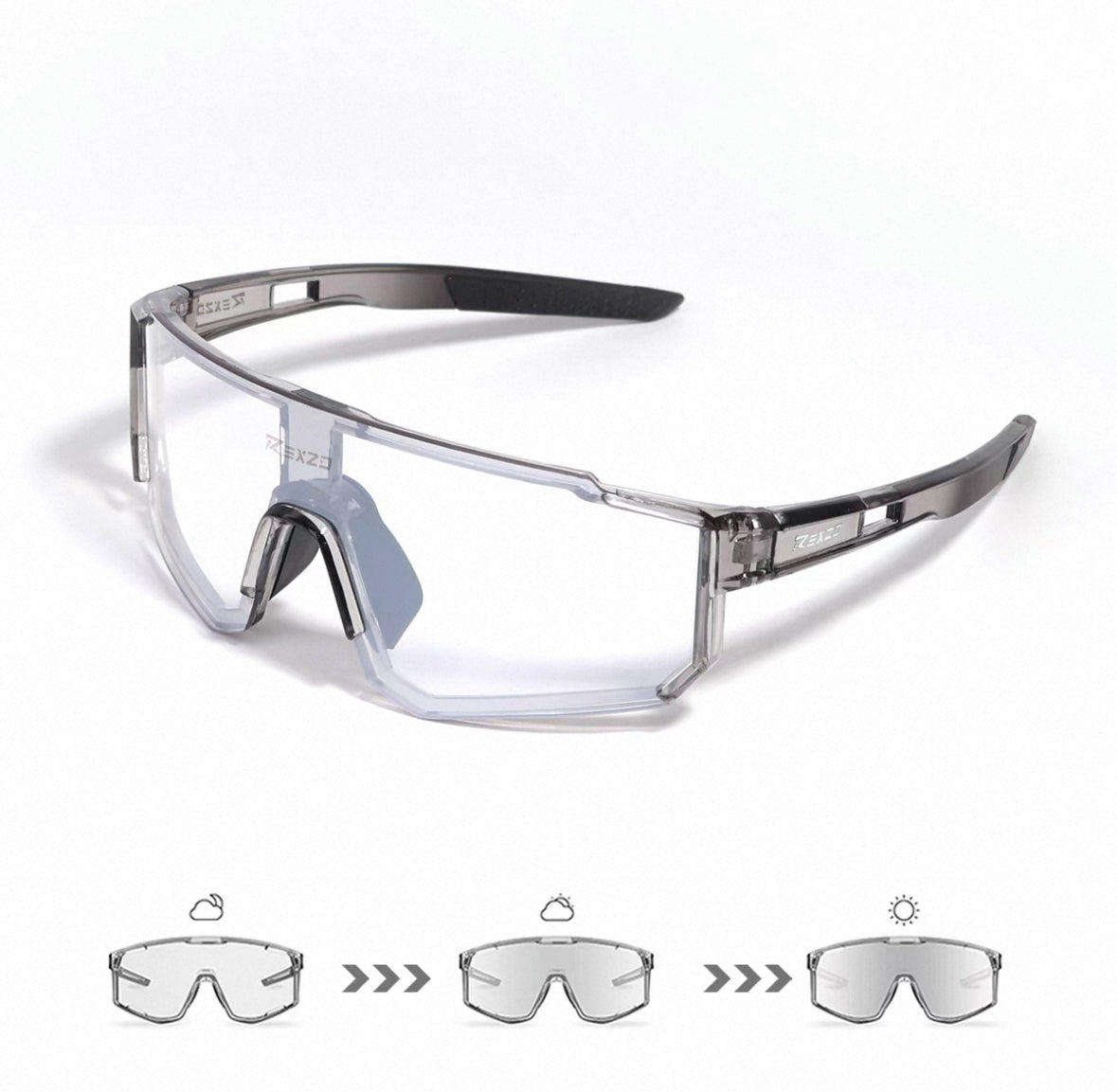 Crystal Grey Frame/Photochromic Silver Lens front and 45-degree product views of Wraparound Windproof Dustproof Sports Sungla