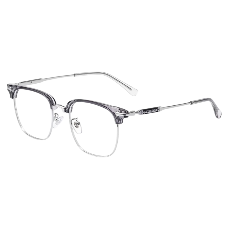 Crystal Grey/Silver round semi-rimless eyeglass frame, product view