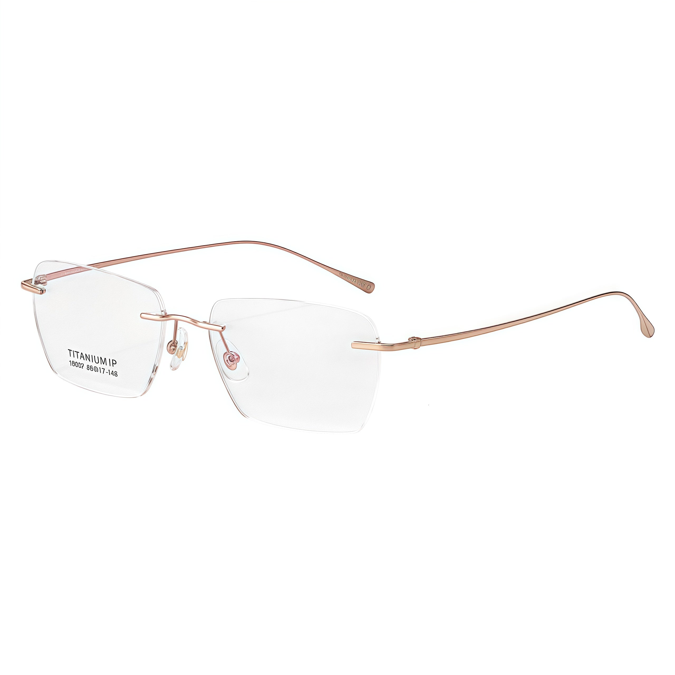 Rose Gold pure titanium rimless eyeglasses in a 45-degree product view