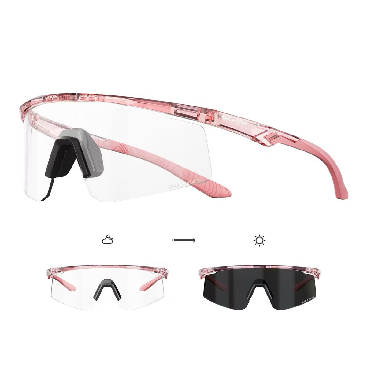 Crystal Pink Frame/Photochromic Grey Lens front and 45-degree product views of Windproof Outdoor Sports Glasses