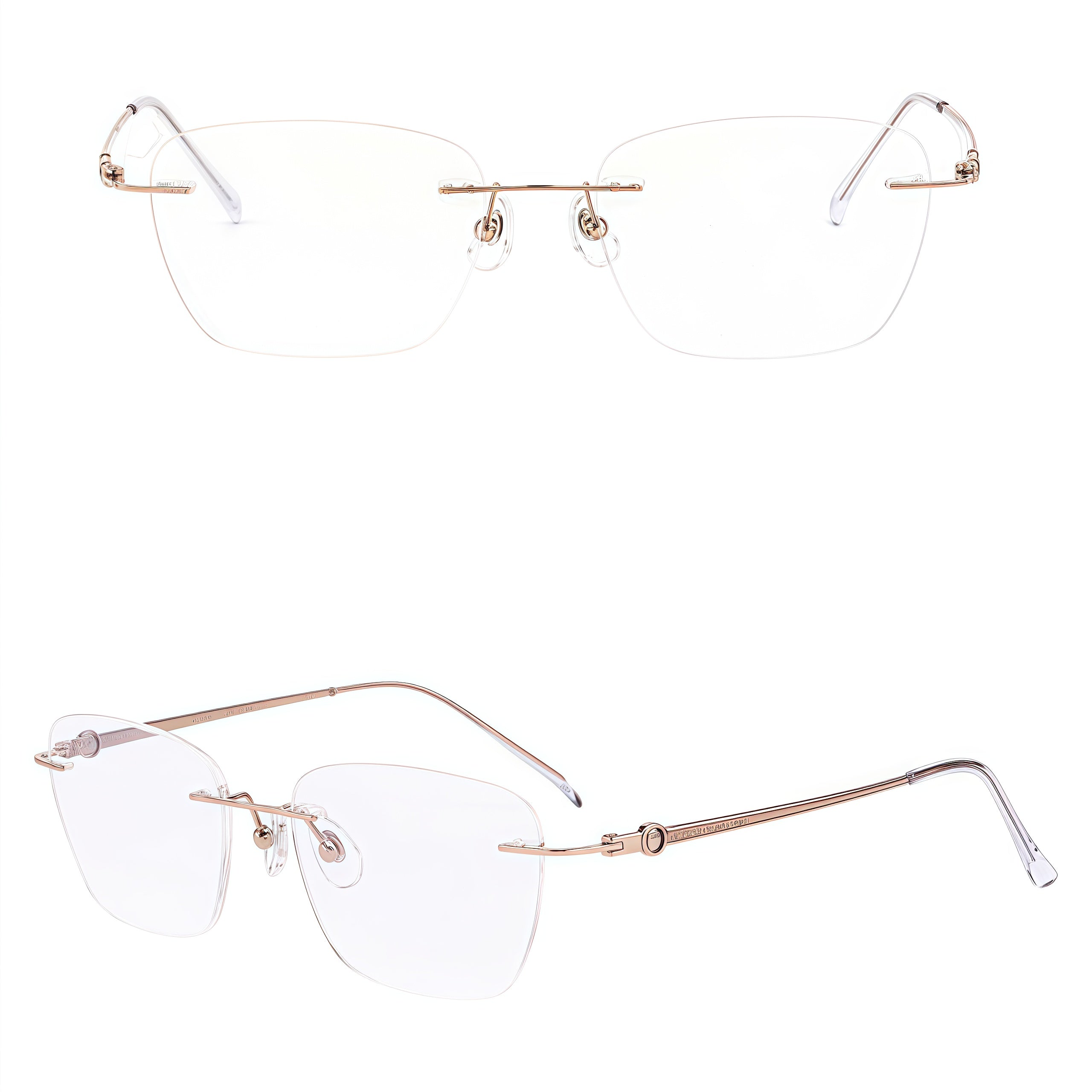 Rose Gold unisex titanium rimless geometric soft-square eyeglass frames, product view