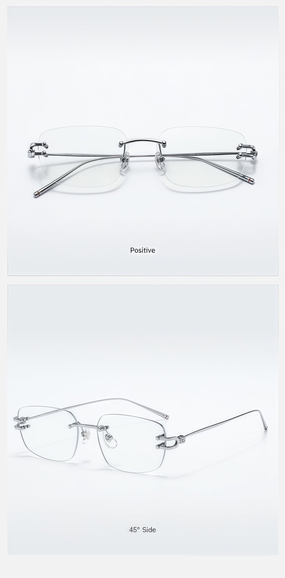 Silver semi-titanium rectangular rimless glasses, original front and 45-degree product detail