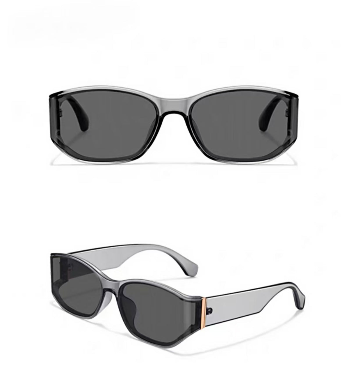 Women’s Gray full-rim curved shield sunglasses, front and three-quarter views