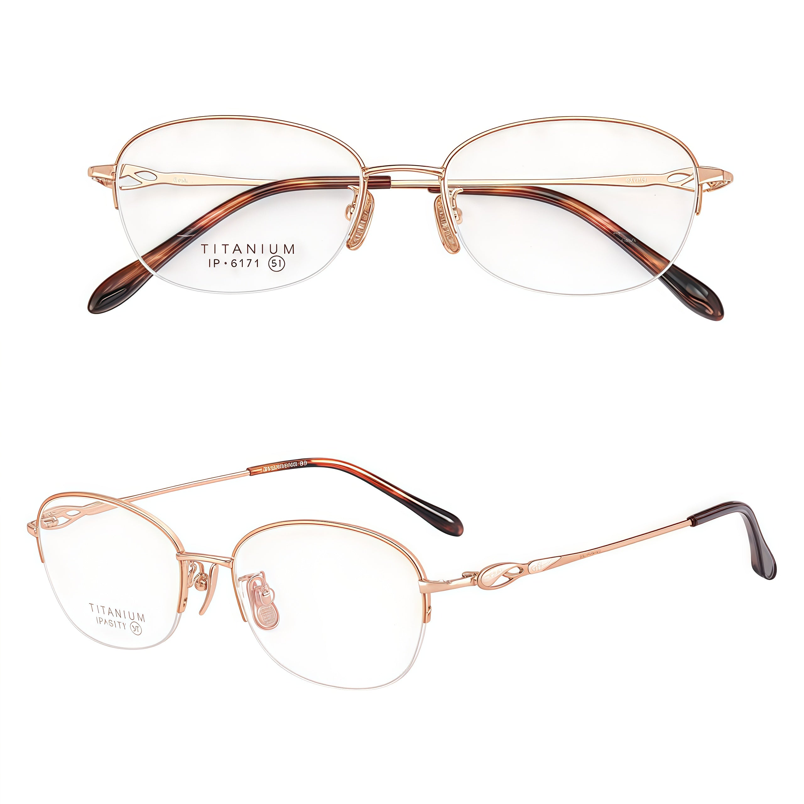 Light Brown and Rose Gold pure-titanium semi-rimless glasses, original front and 45-degree product views