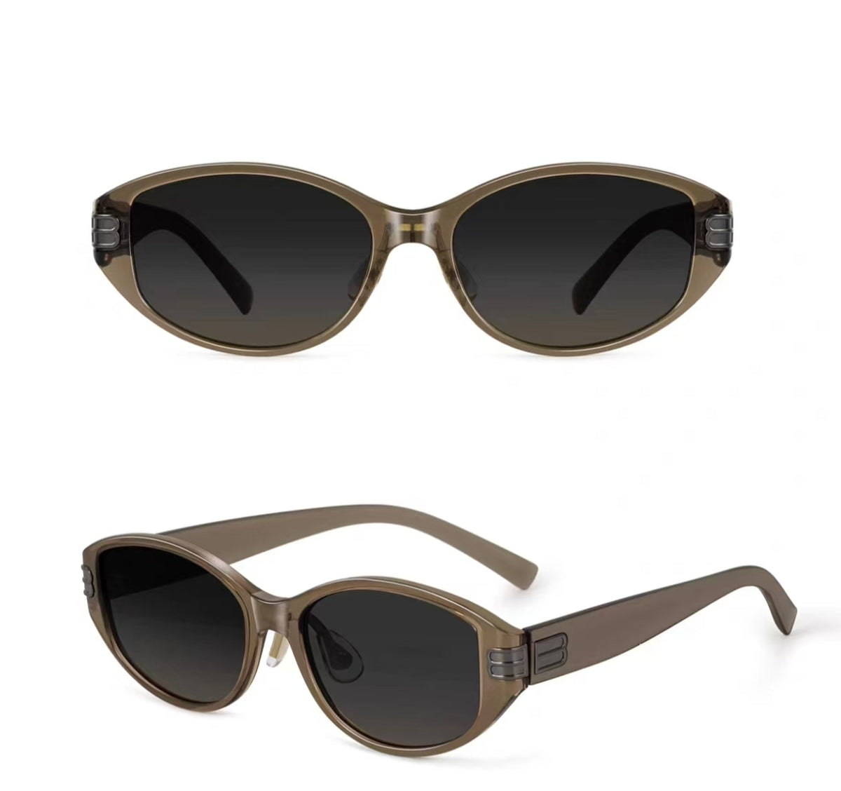 Women’s Mocha Brown full-rim cat-eye sunglasses, front and three-quarter views