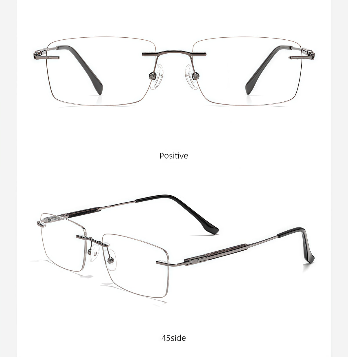 Gunmetal men's alloy rimless rectangular inlay-temple glasses, front and 45-degree composite