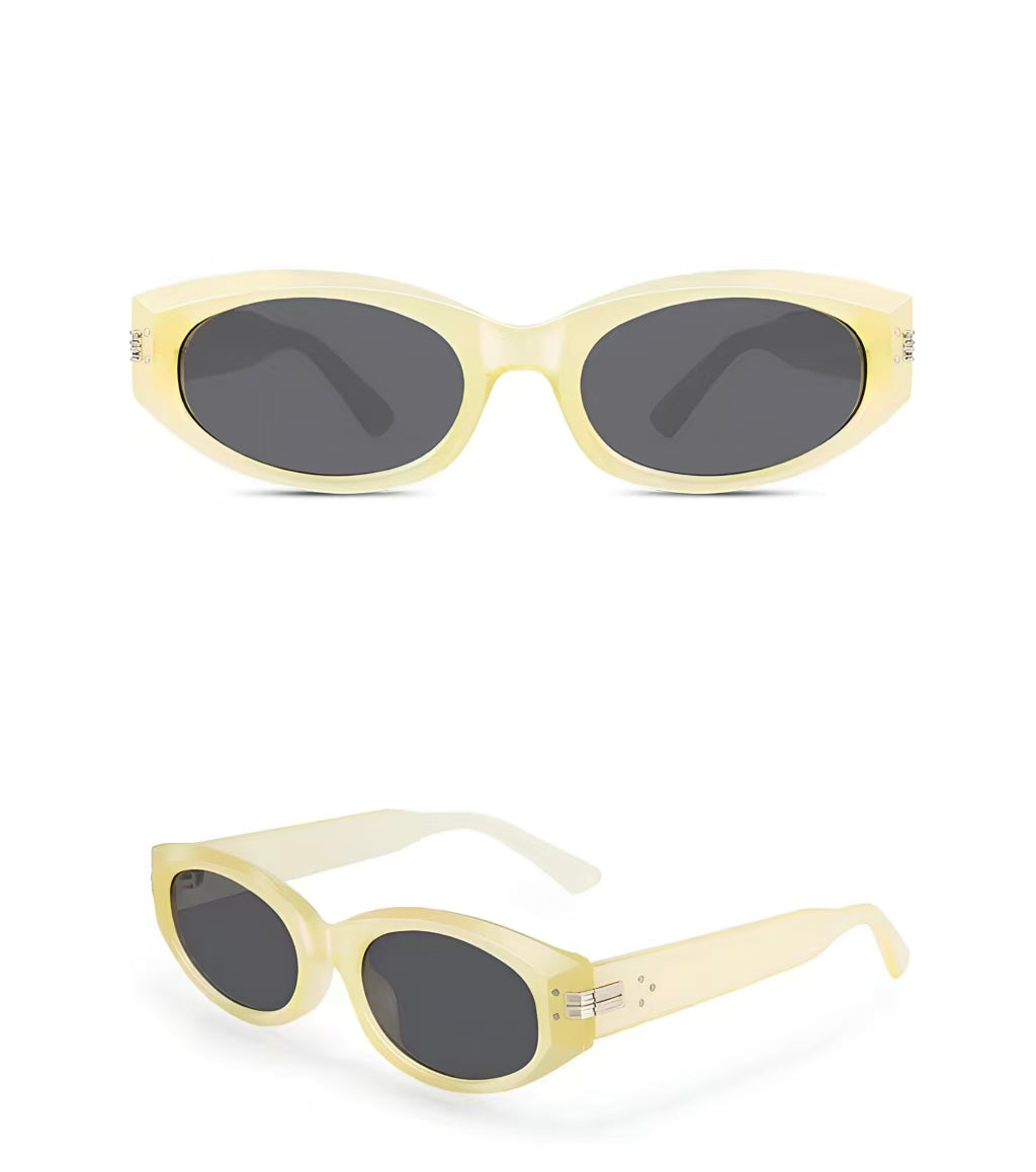 Women’s Lemon Yellow full-rim narrow oval sunglasses, front and three-quarter product views