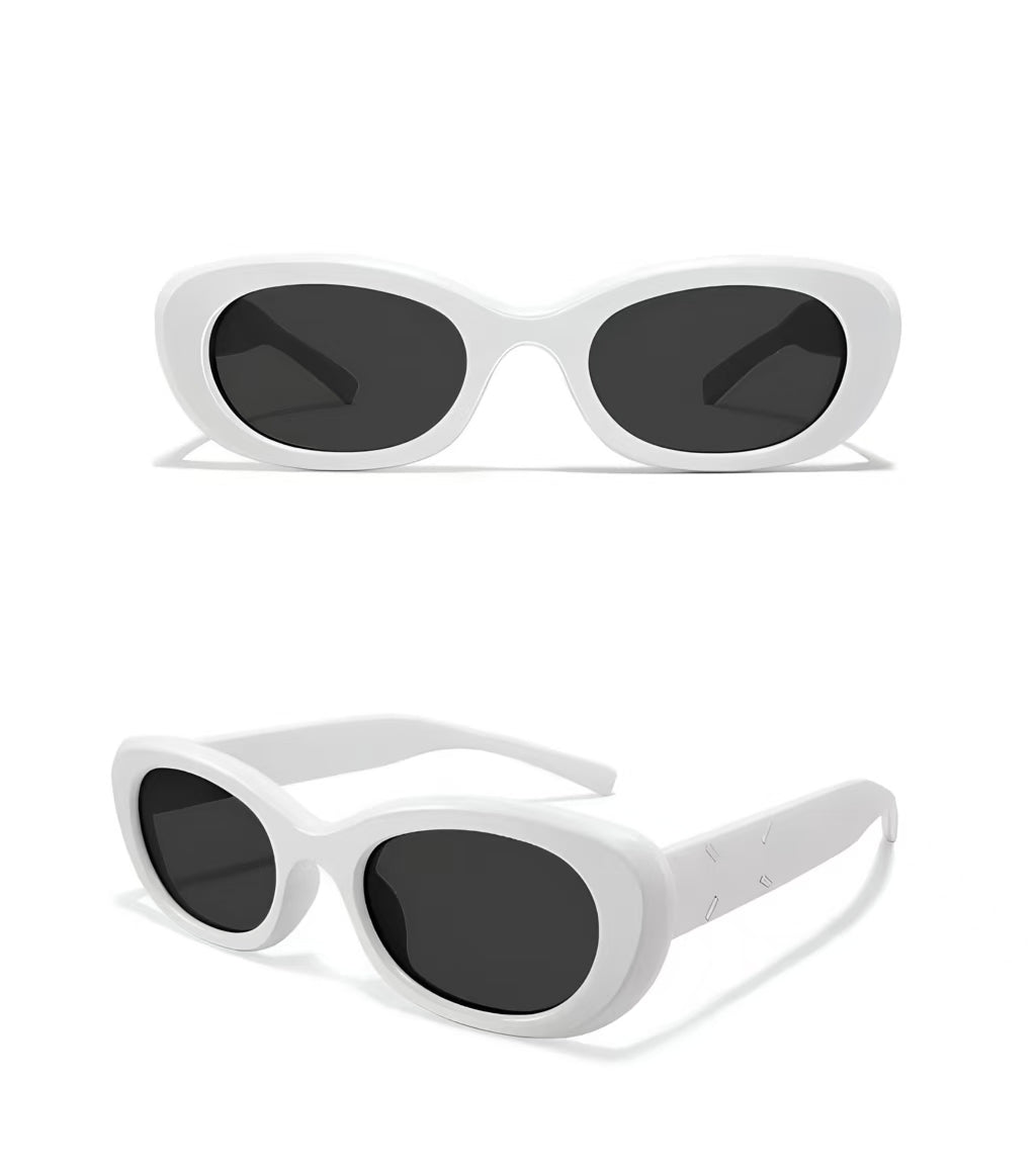 Women’s White full-rim narrow cat-eye sunglasses, front and three-quarter views