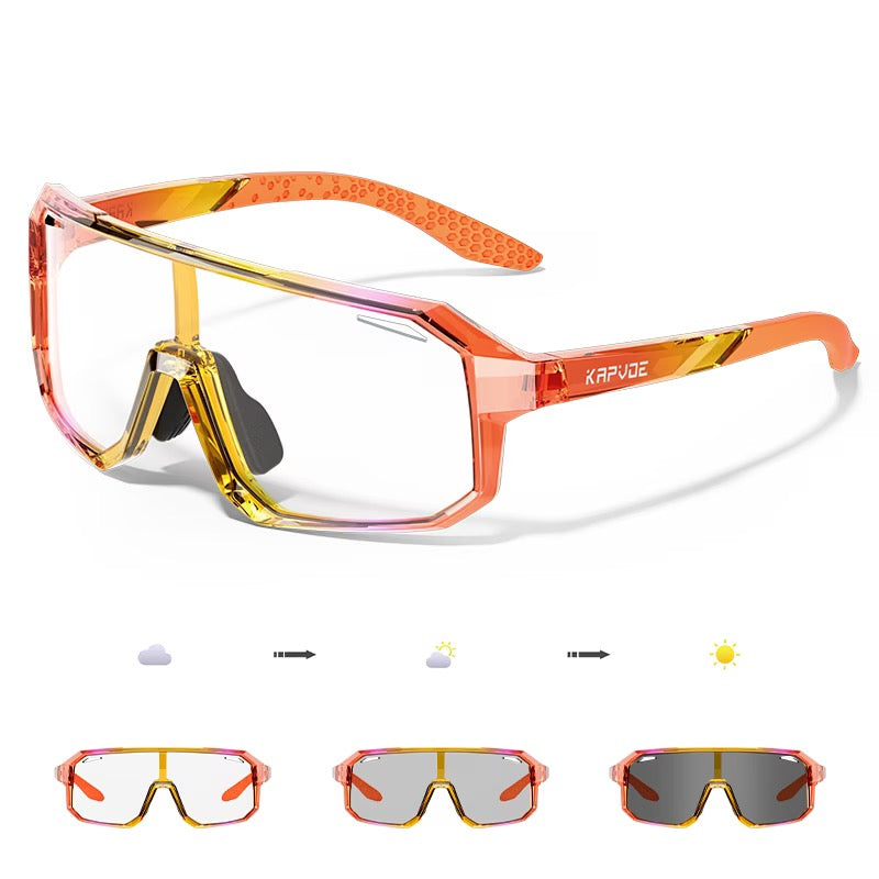 Yellow and Red Gradient TR90 full-rim photochromic sports sunglasses, colour and lens-state composite