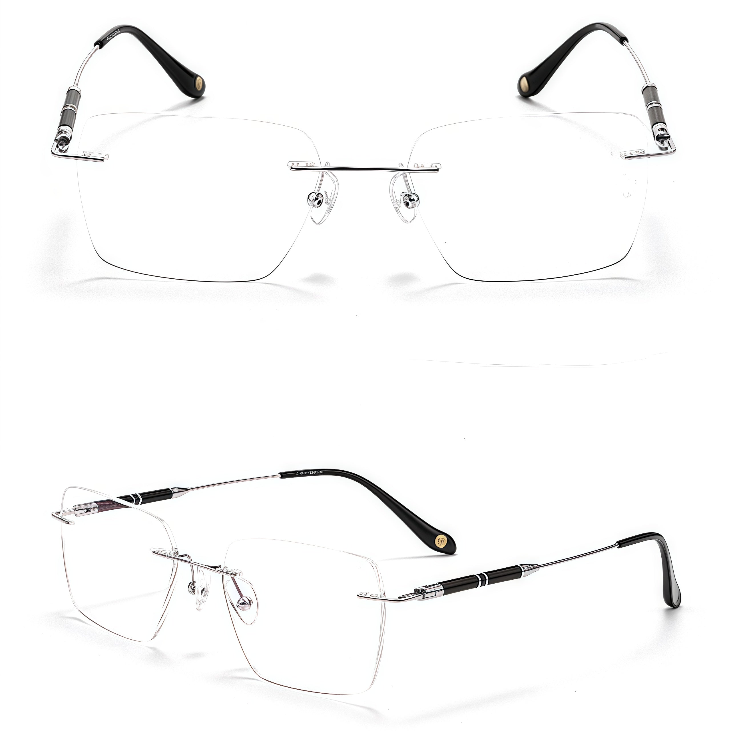 Silver men's pure titanium rimless squared rectangular glasses, supplier front and three-quarter views