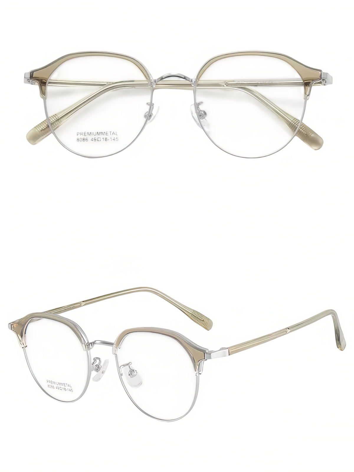 Crystal Green and Silver vintage semi-rimless browline glasses, original front and 45-degree views