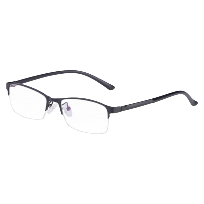 Black slim business-casual rectangular profile semi-rimless eyeglass frame, three-quarter product view