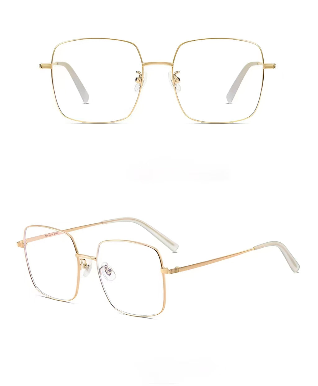 Gold unisex ultra-light titanium alloy square full-rim glasses, original front and 45-degree composite detail