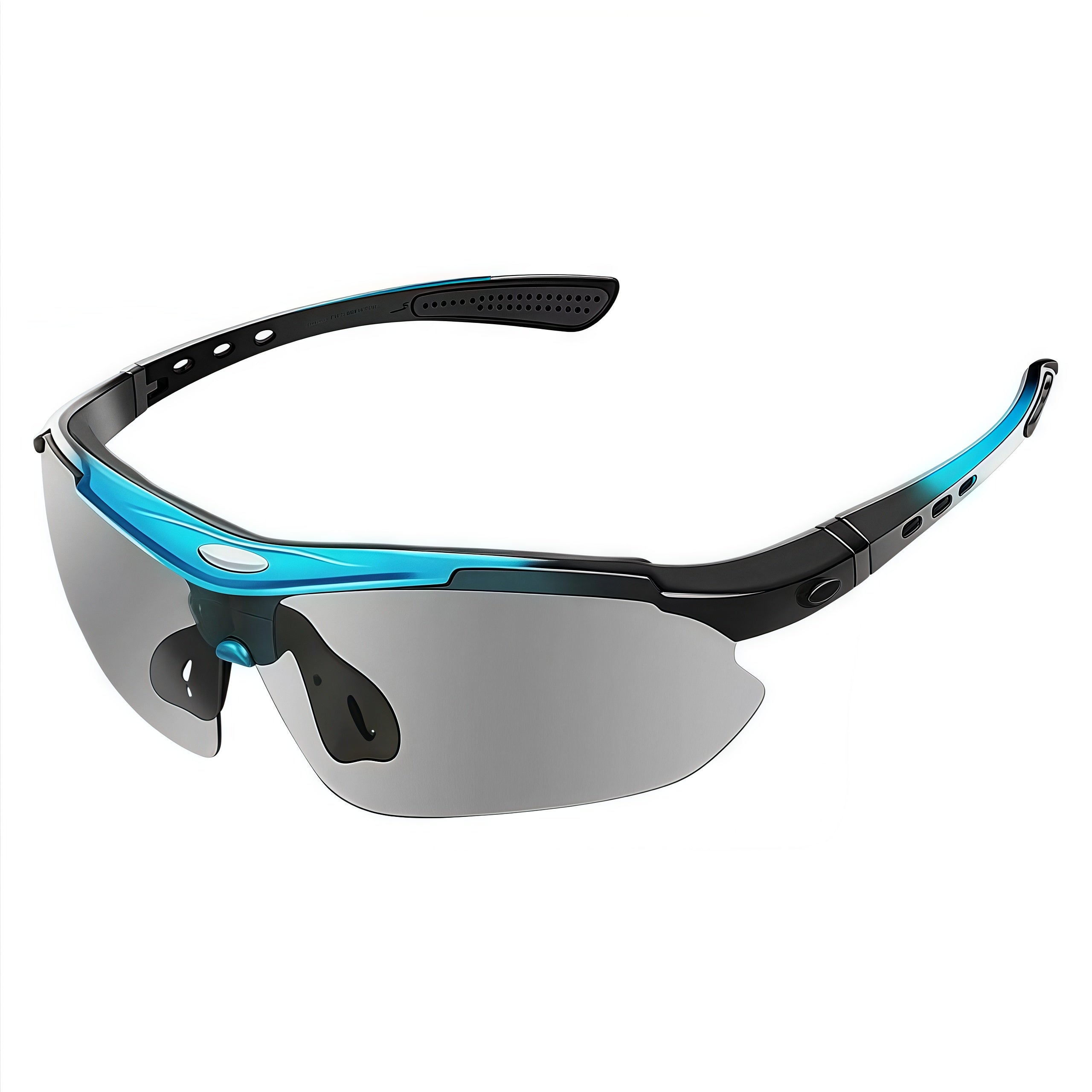 Blue Frame/Photochromic Grey Lens unisex polycarbonate and rubber wraparound shield sunglasses, 45-degree view