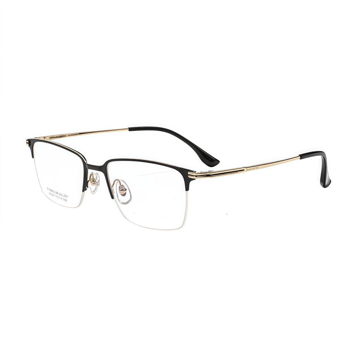 Black and Gold vintage titanium semi-rimless glasses, 45-degree product view