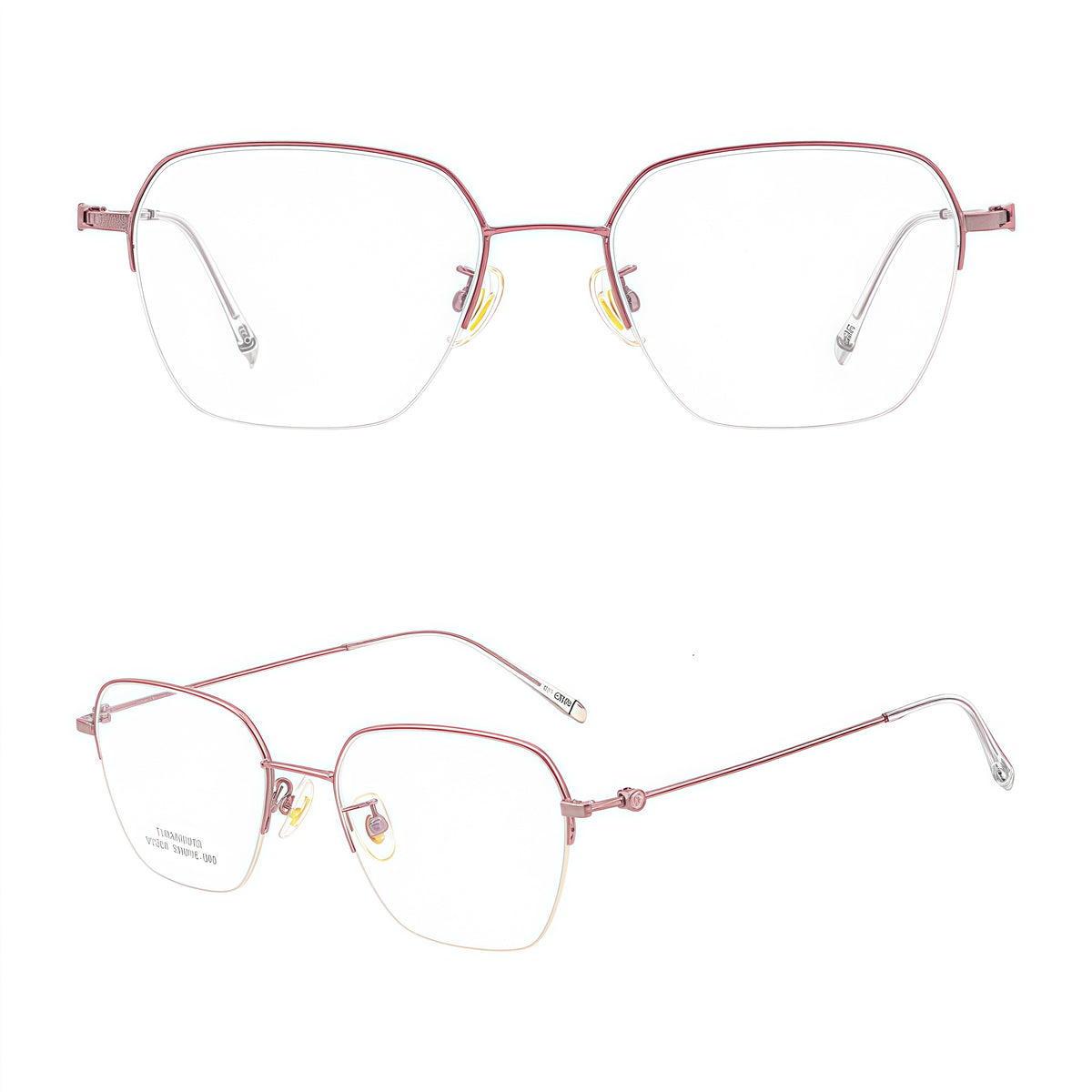 Pink women's vintage titanium semi-rimless glasses, front and 45-degree composite detail