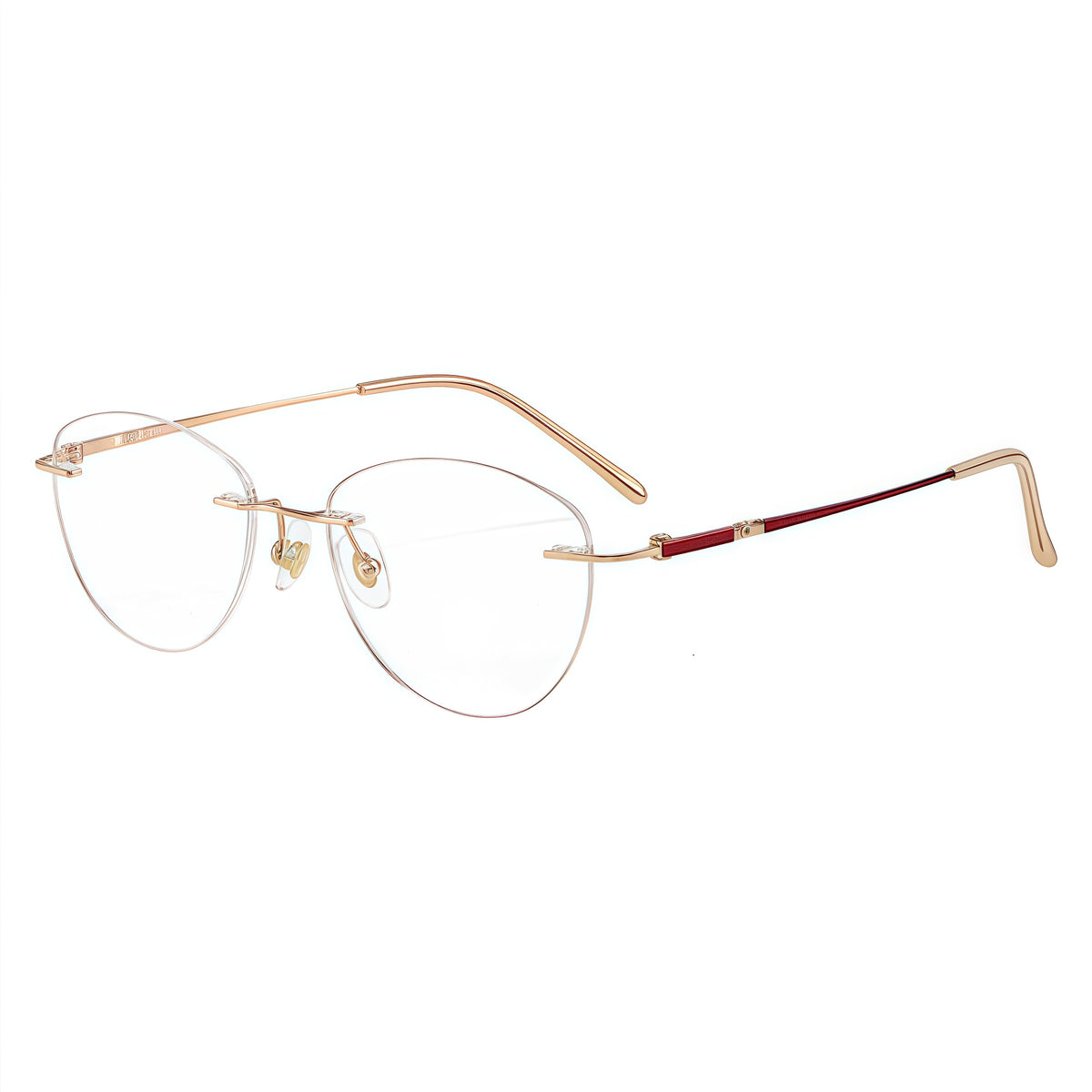 Red and Rose Gold women's pure titanium rimless rectangular glasses, 45-degree product view