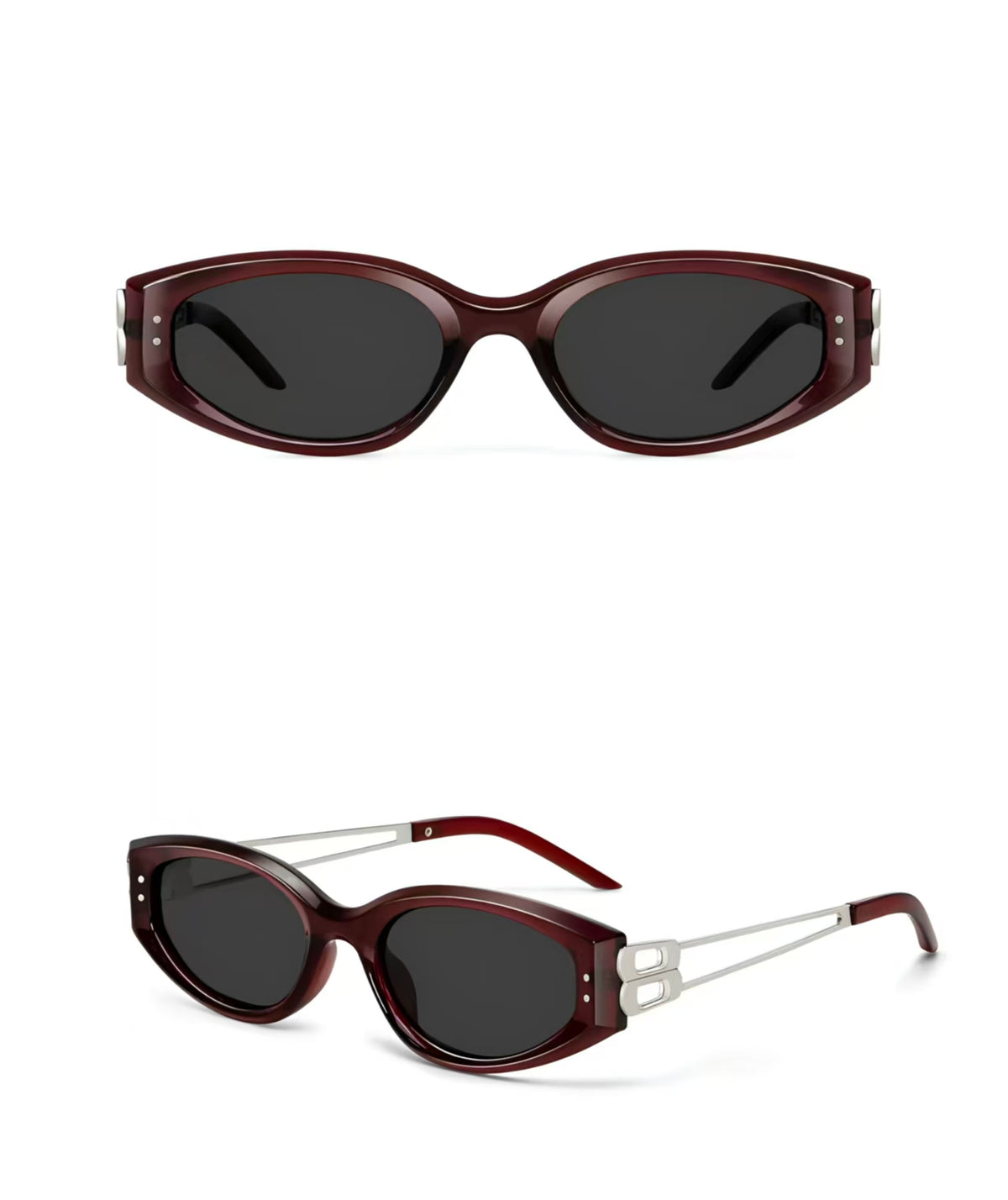 Men’s Burgundy full-rim narrow cat-eye sunglasses, front and three-quarter views