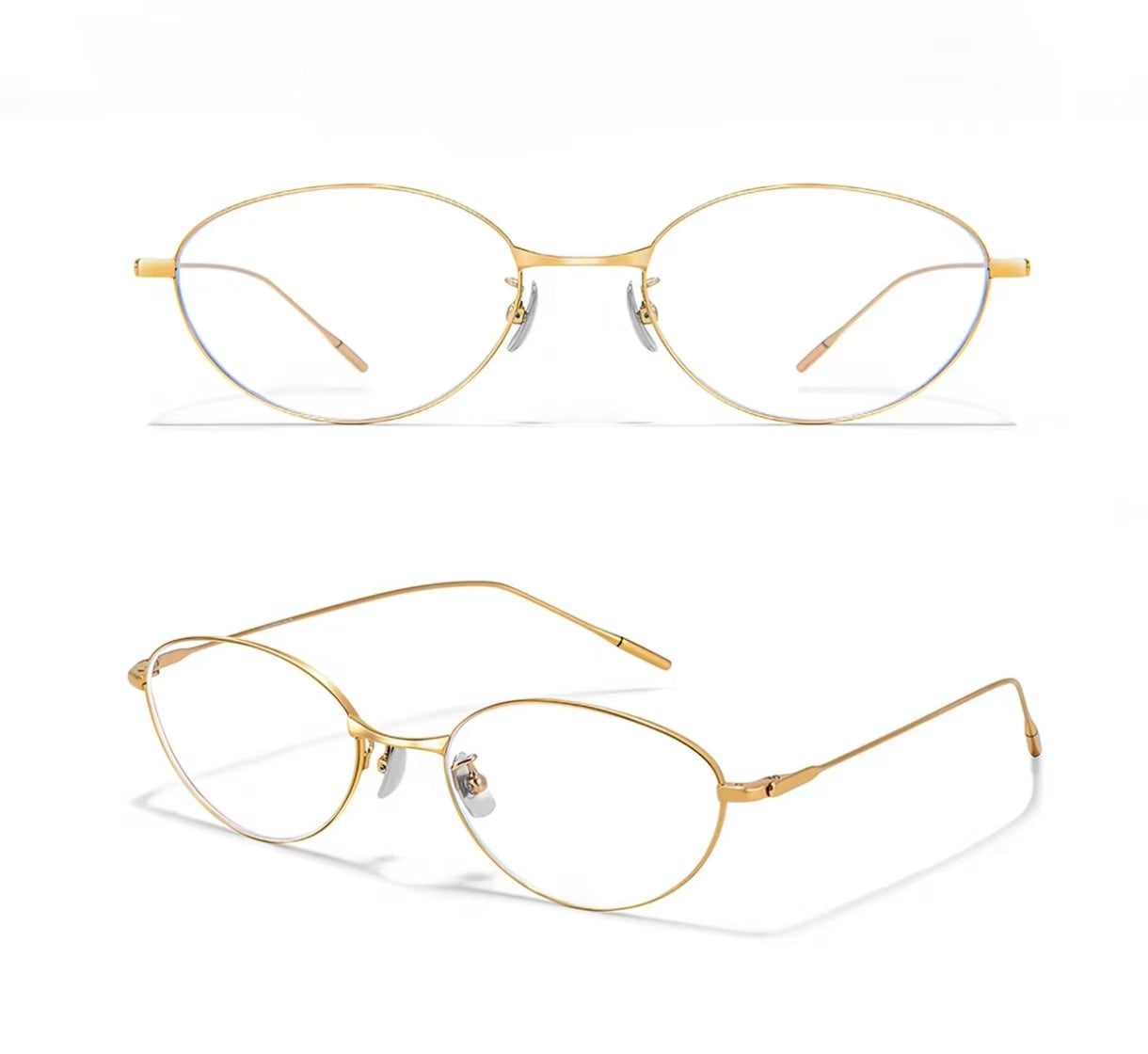 Gold titanium old-money small-fit soft-oval full-rim glasses, original front and 45-degree product detail