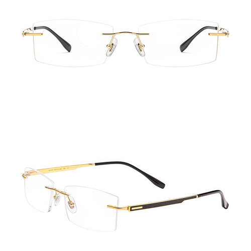 Gold men's pure-titanium rimless textured-temple glasses, front and 45-degree composite