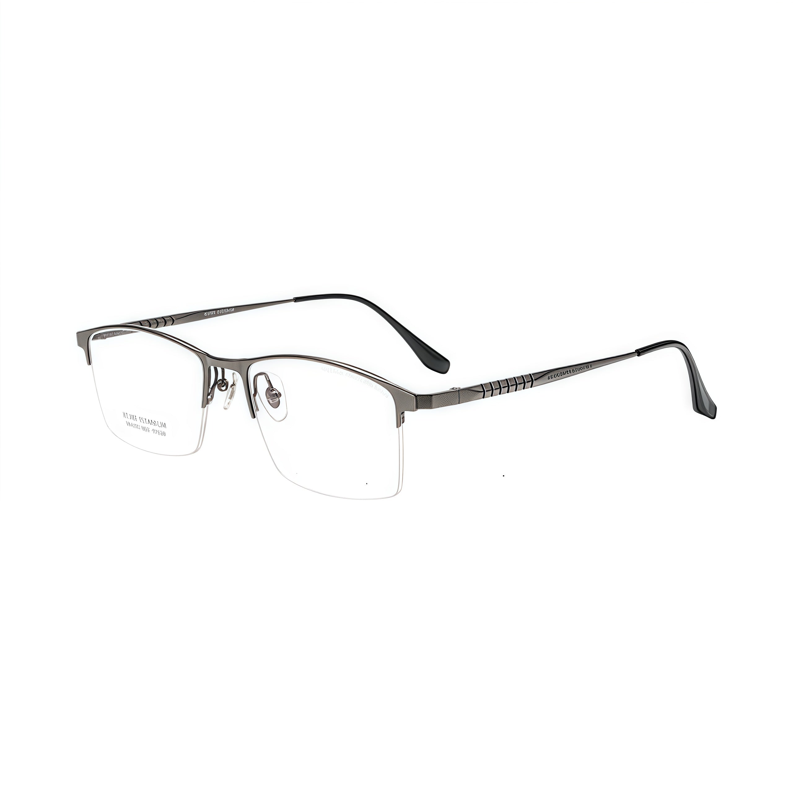 Gunmetal unisex pure titanium rectangular semi-rimless glasses, 45-degree product view