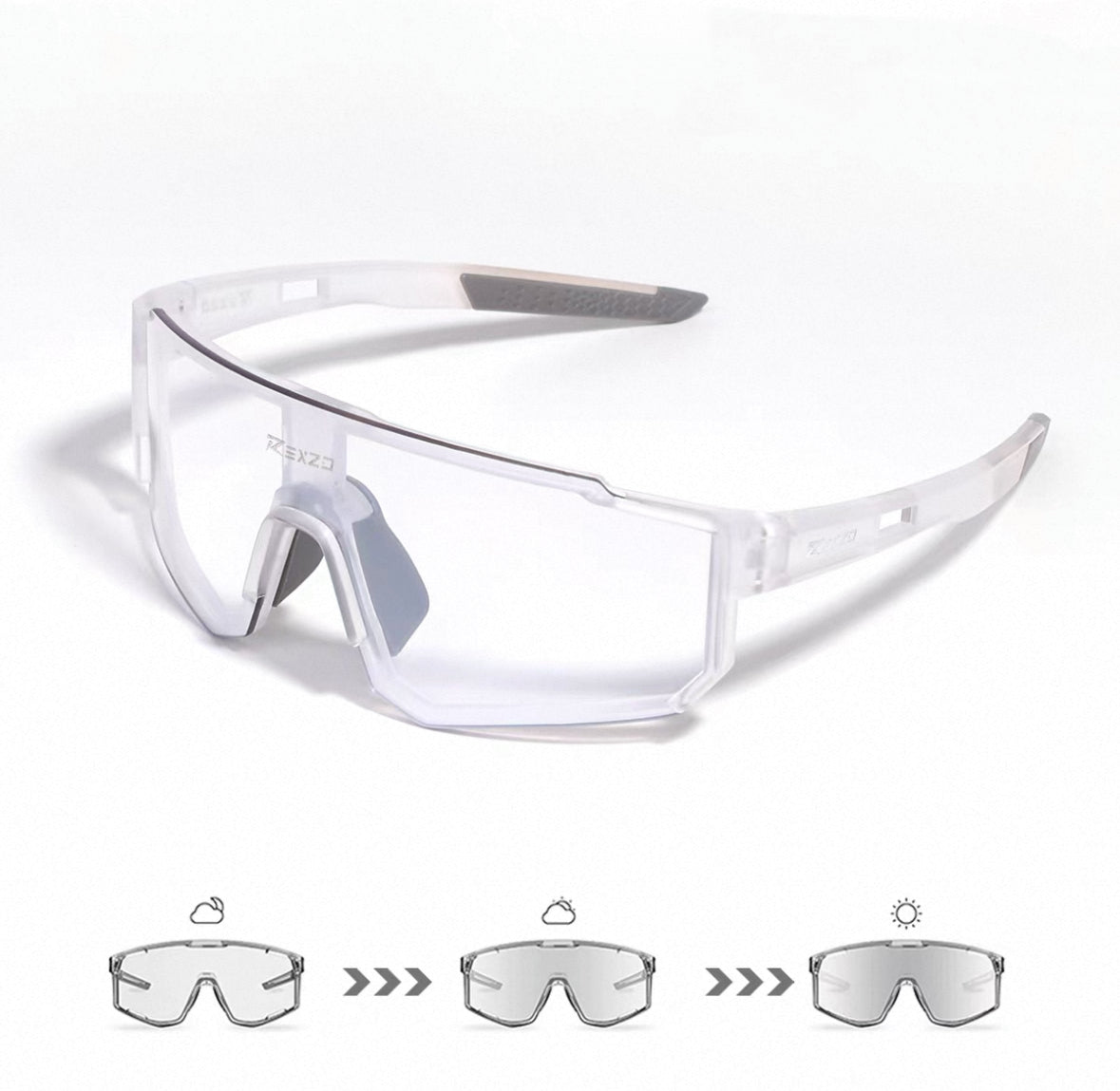 Matte Crystal Clear Frame/Photochromic Silver Lens front and 45-degree product views of Wraparound Windproof Dustproof Sports