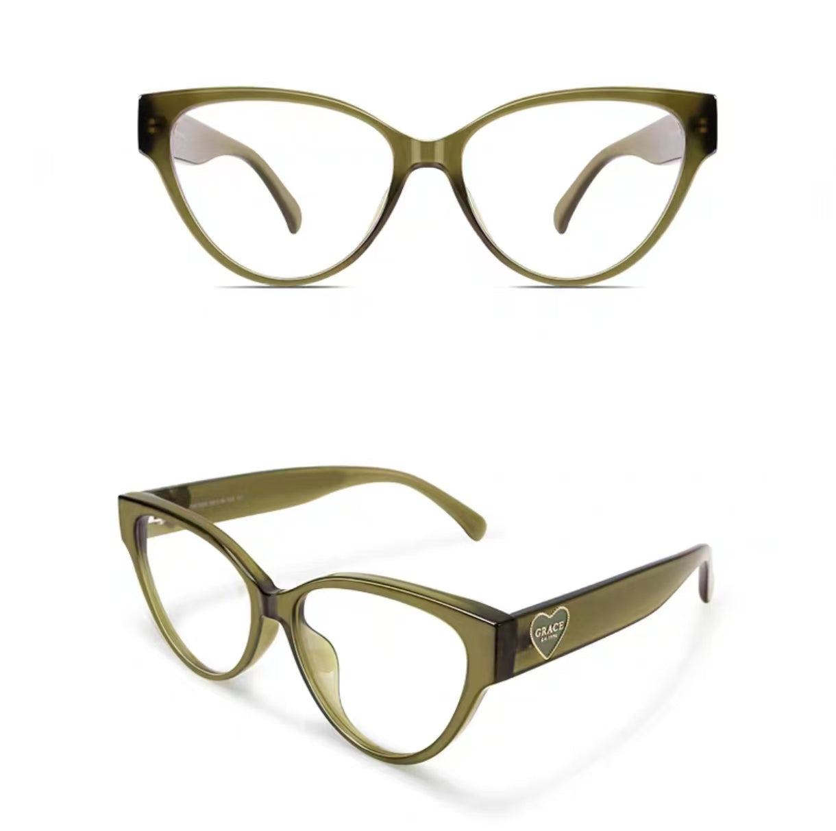 Olive Green heart cat-eye full-rim eyeglass frame, front and three-quarter product views