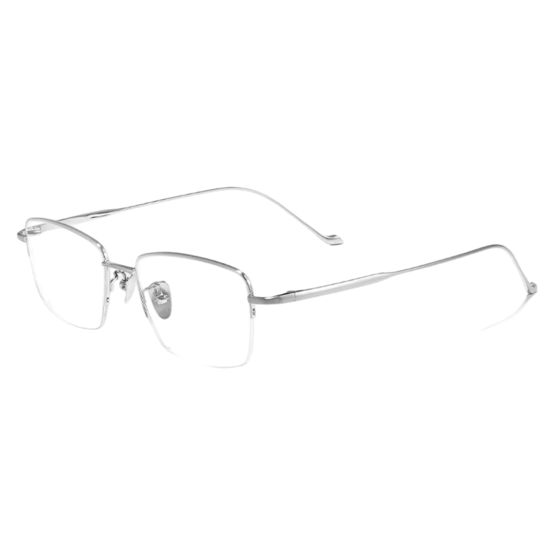 Silver slim professional rectangular profile semi-rimless eyeglass frame, three-quarter product view