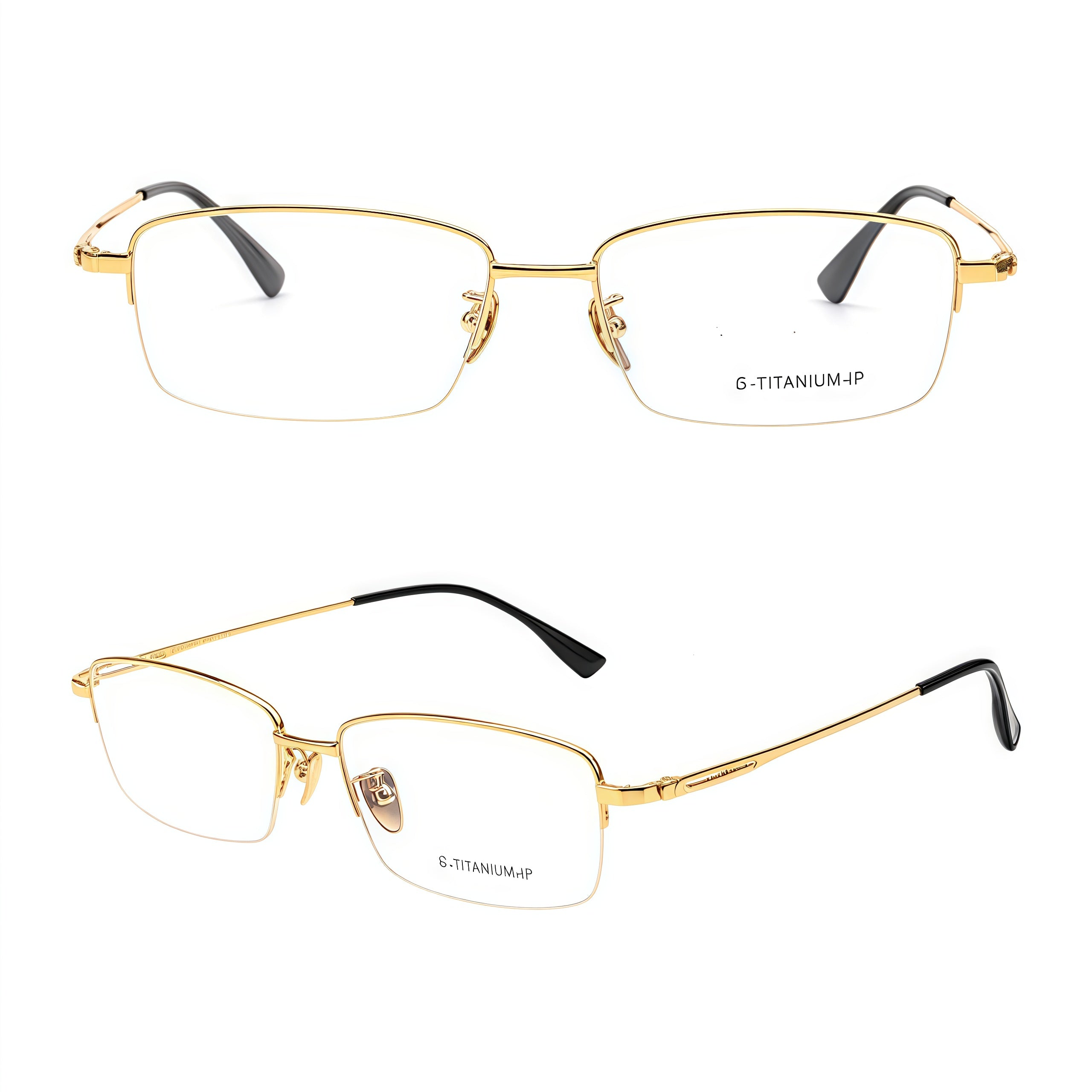 Gold men's vintage pure titanium semi-rimless glasses, front and 45-degree product detail