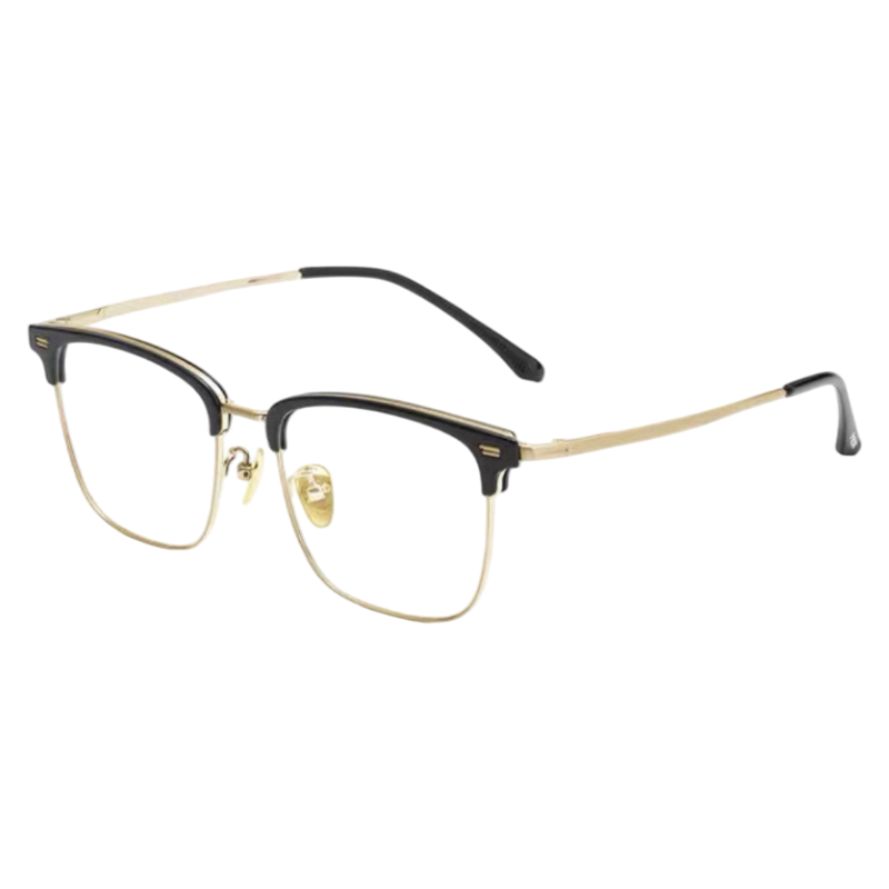 Black and Gold minimalist oversized square profile semi-rimless eyeglass frame, three-quarter product view