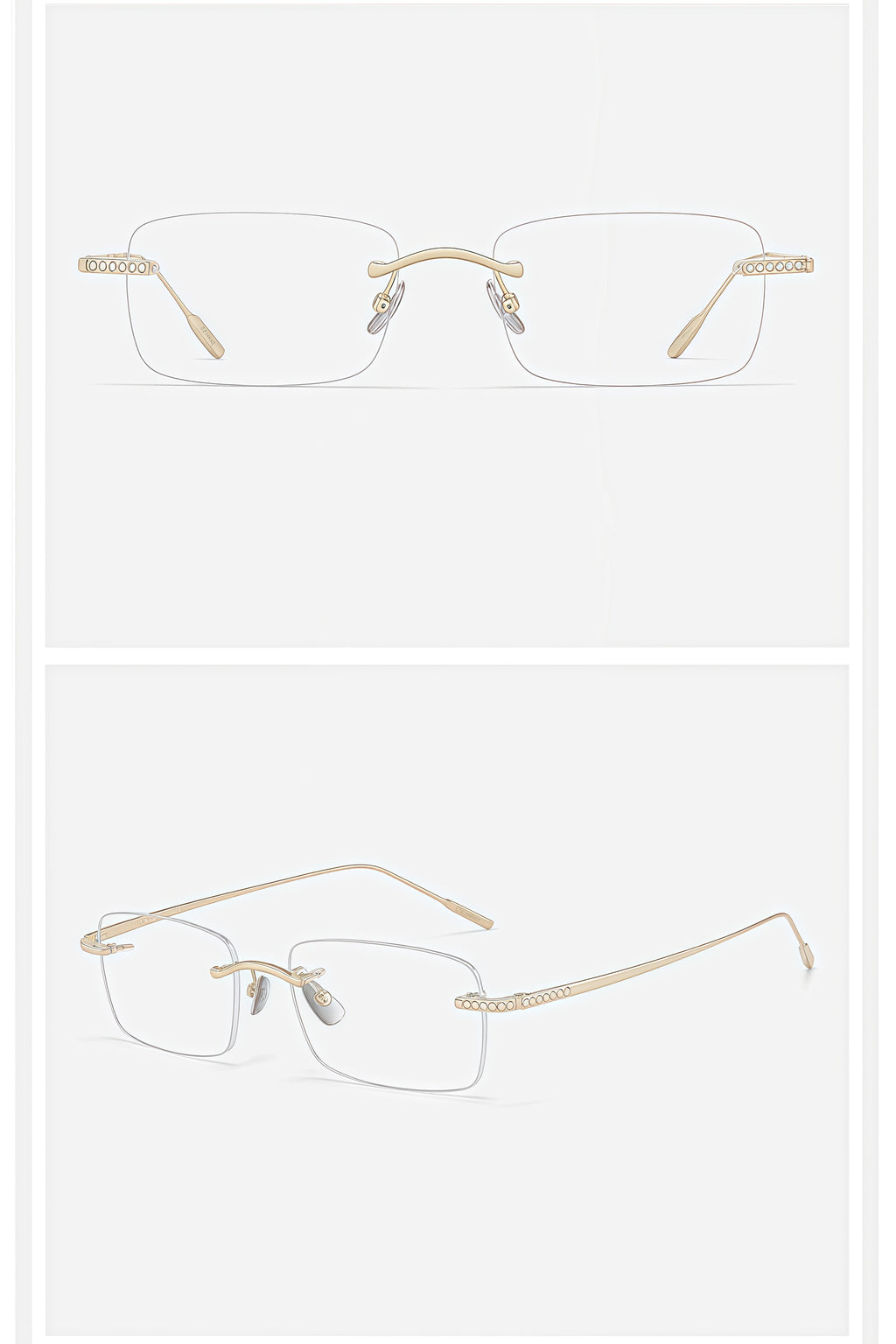 Gold pure-titanium rectangular rimless glasses, original front and 45-degree product detail