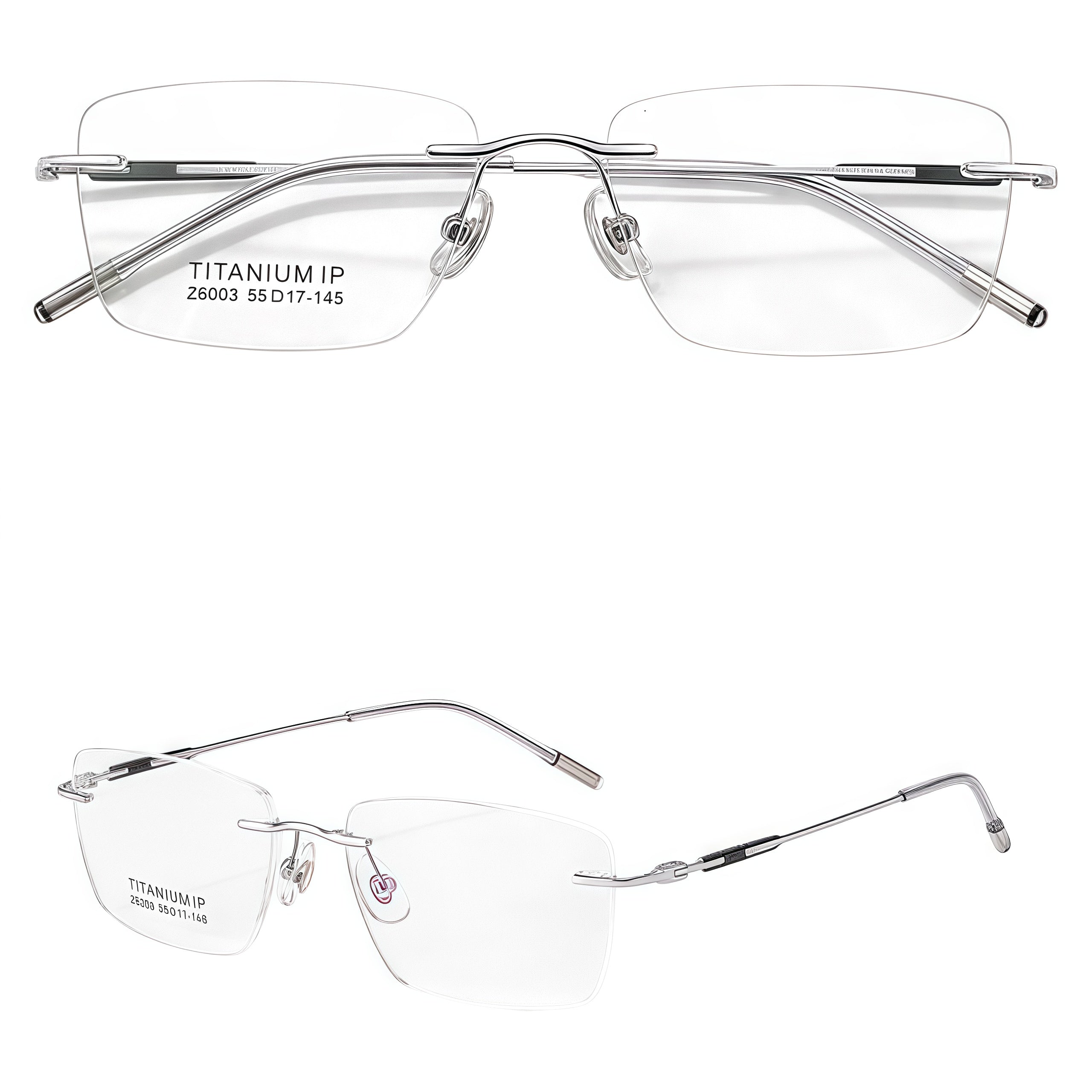 Silver unisex titanium rimless narrow rectangular eyeglass frames, product view