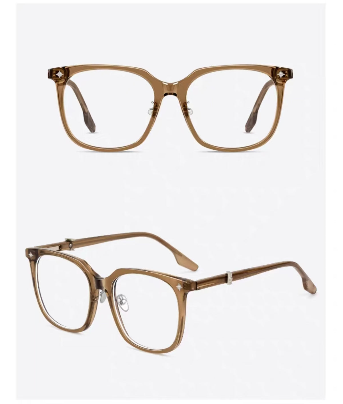 Cool Tea Brown unisex oversized TR90 square glasses, supplier front and 45-degree composite detail