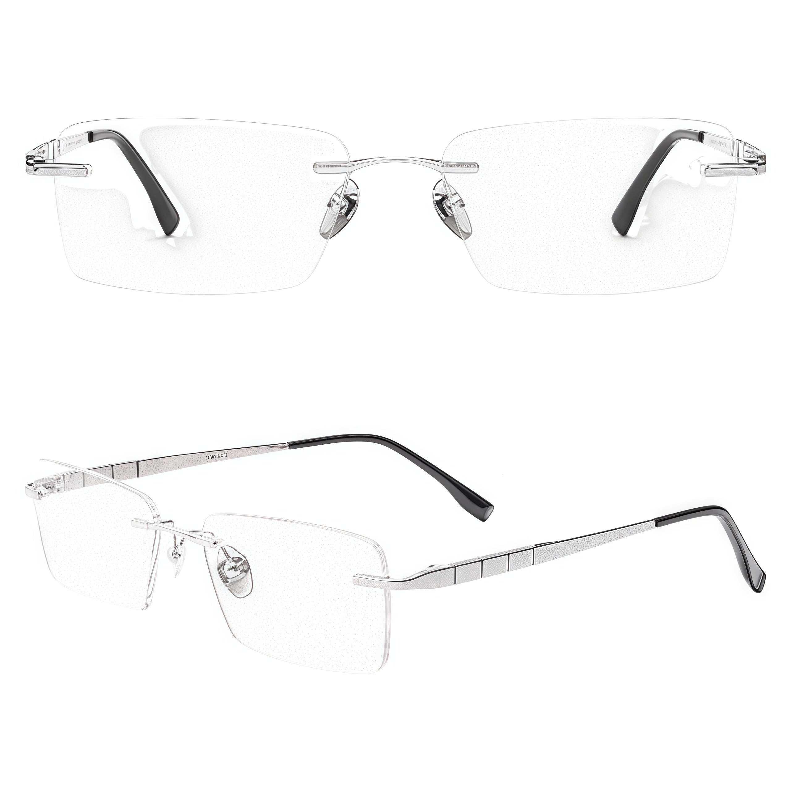 Silver men's pure-titanium rimless rectangular segmented-temple glasses, supplier composite detail