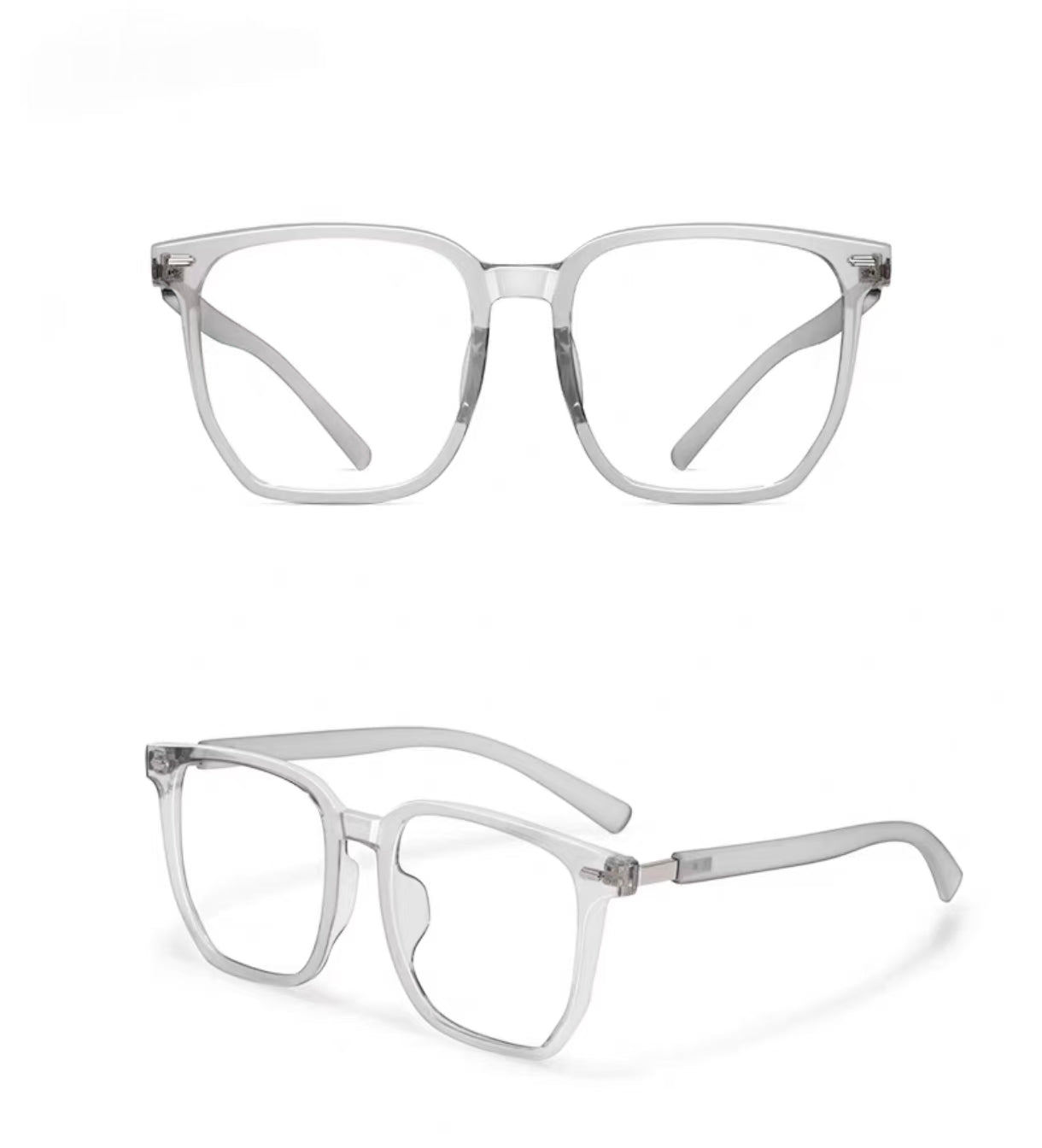Crystal Gray TR90 oversized square full-rim glasses, original front and 45-degree product detail